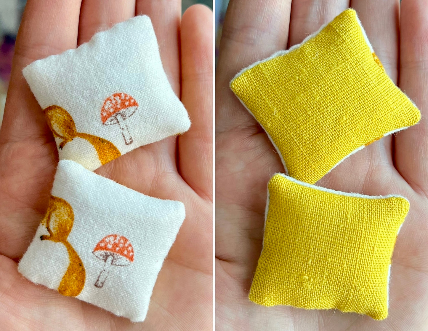 Two small fabric pillows, with a small mushroom design on front, and textured yellow on back, held in hands.
