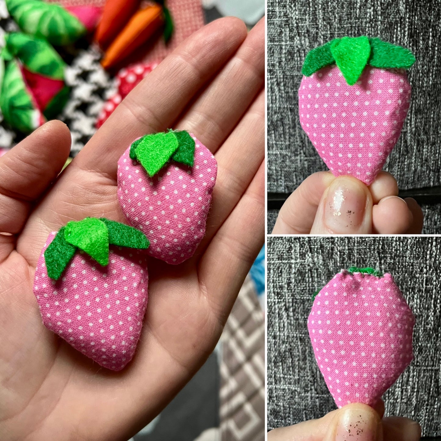 Pink polka dot strawberry-shaped fabric dollhouse pillows held in a hand with close-up shots on a textured surface.