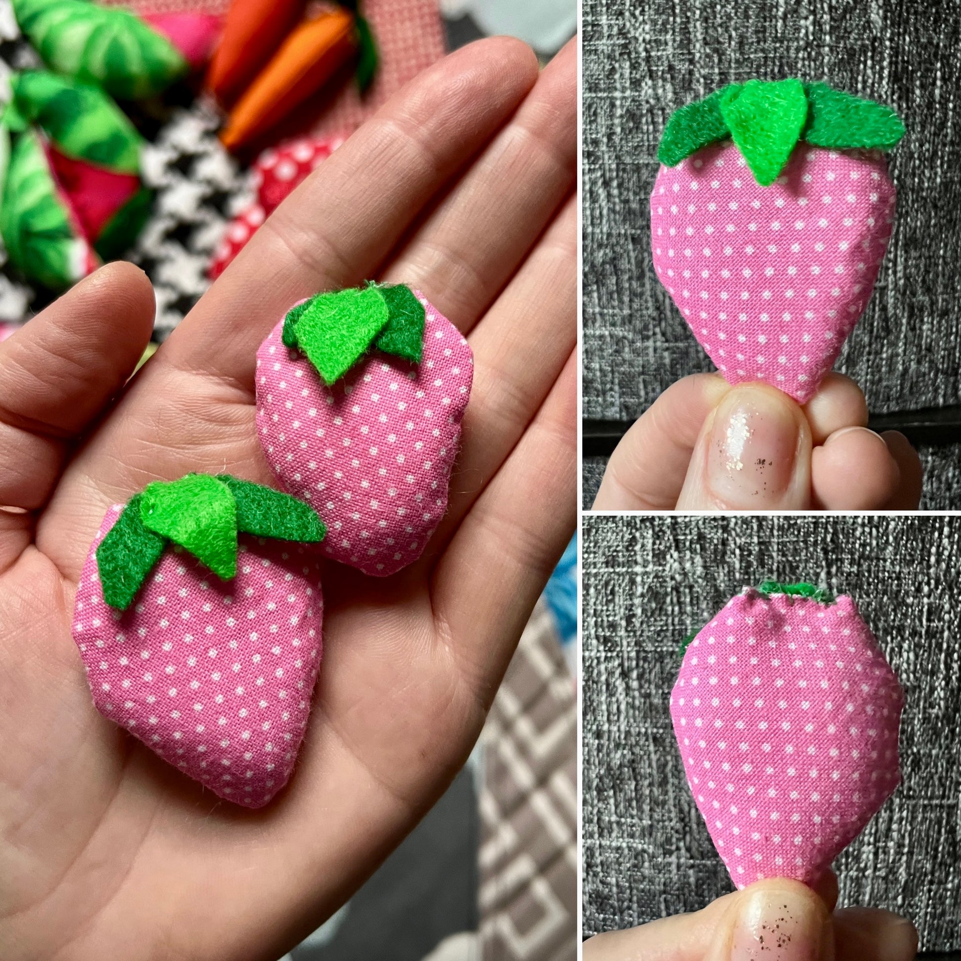 Pink polka dot strawberry-shaped fabric dollhouse pillows held in a hand with close-up shots on a textured surface.