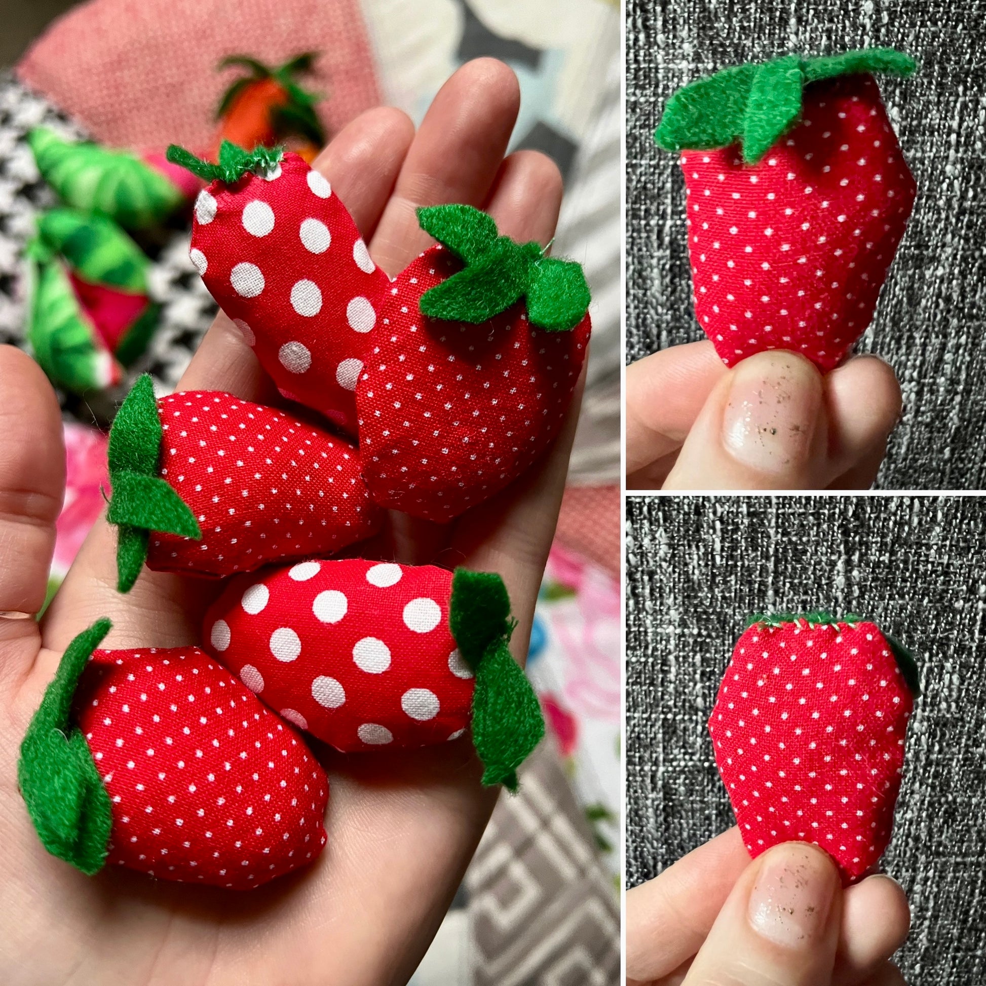 Collage of red and white polka dot strawberry-shaped dollhouse pillows held in hands.