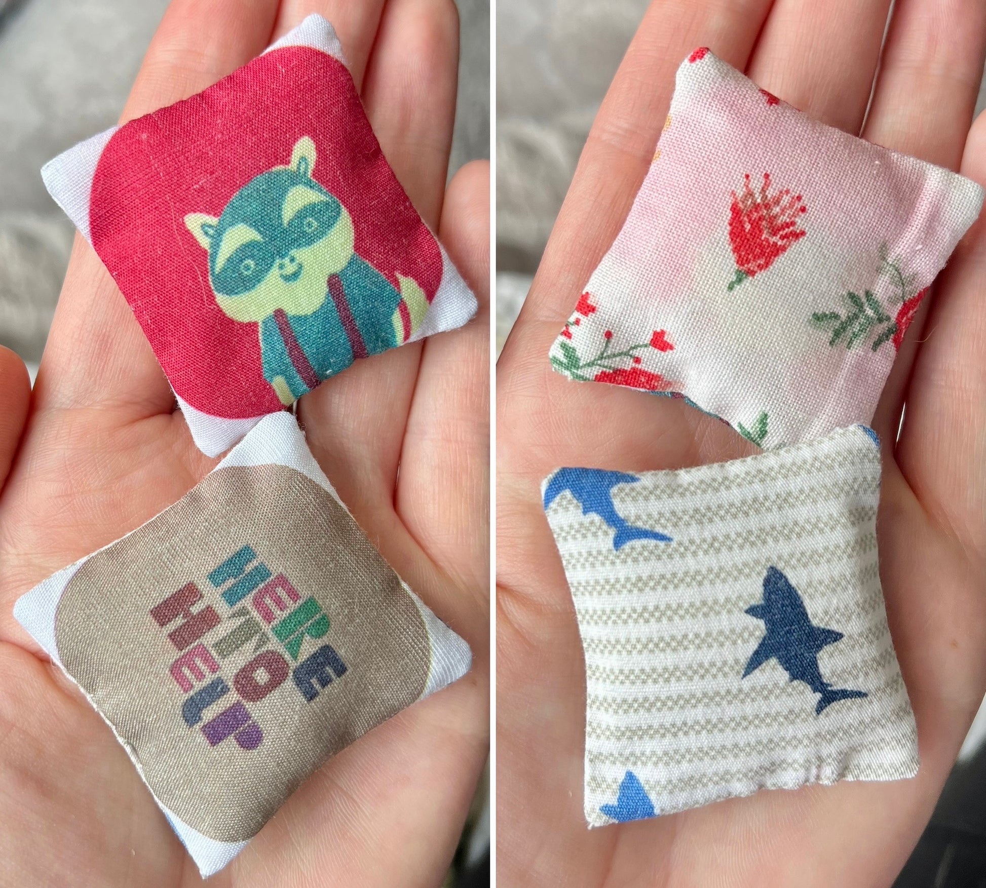 Four small fabric pillows with different designs held in hands.