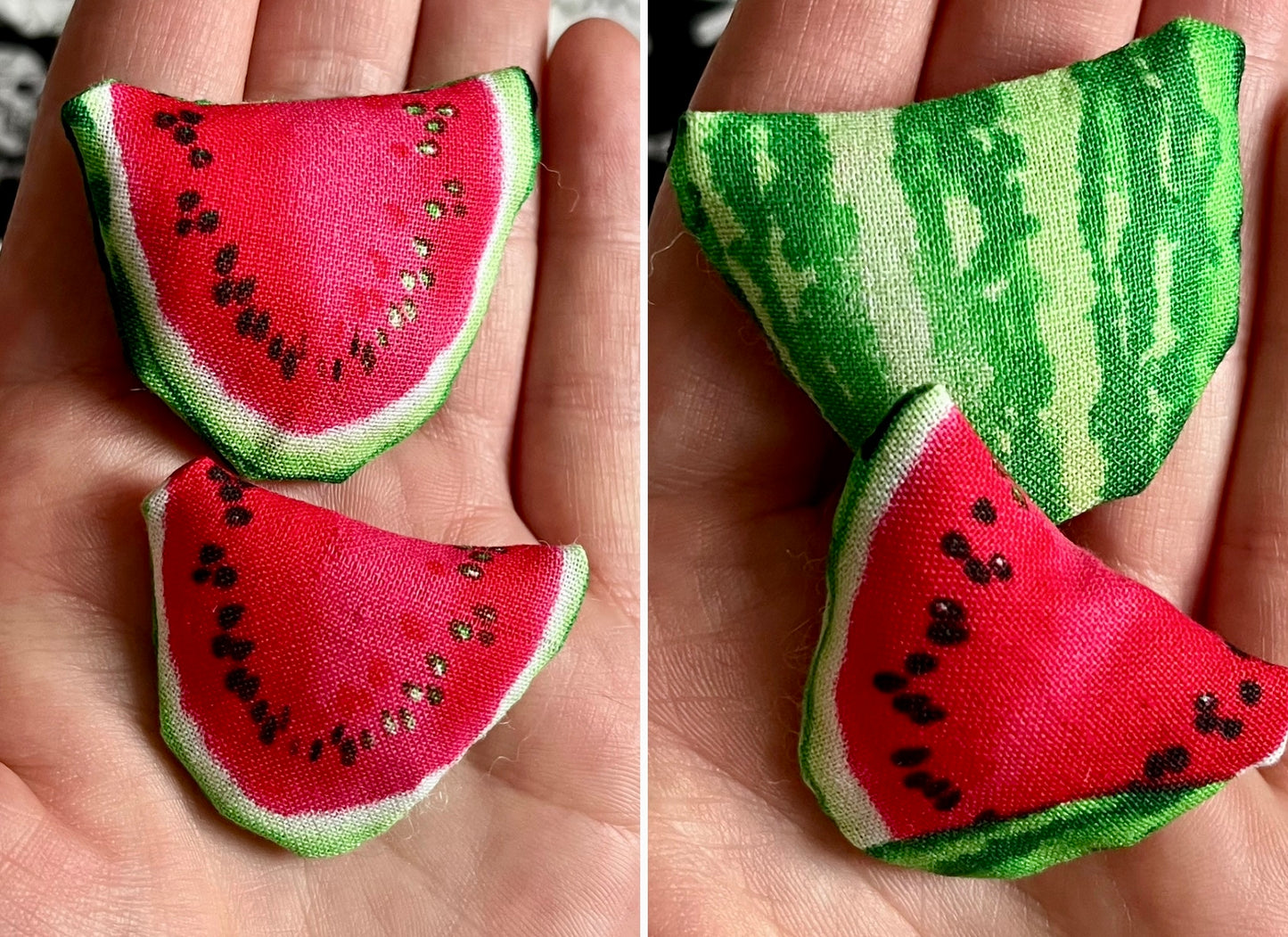 Small fabric watermelon-shaped pillows in various colors held in a hand for scale, showing front and back designs.