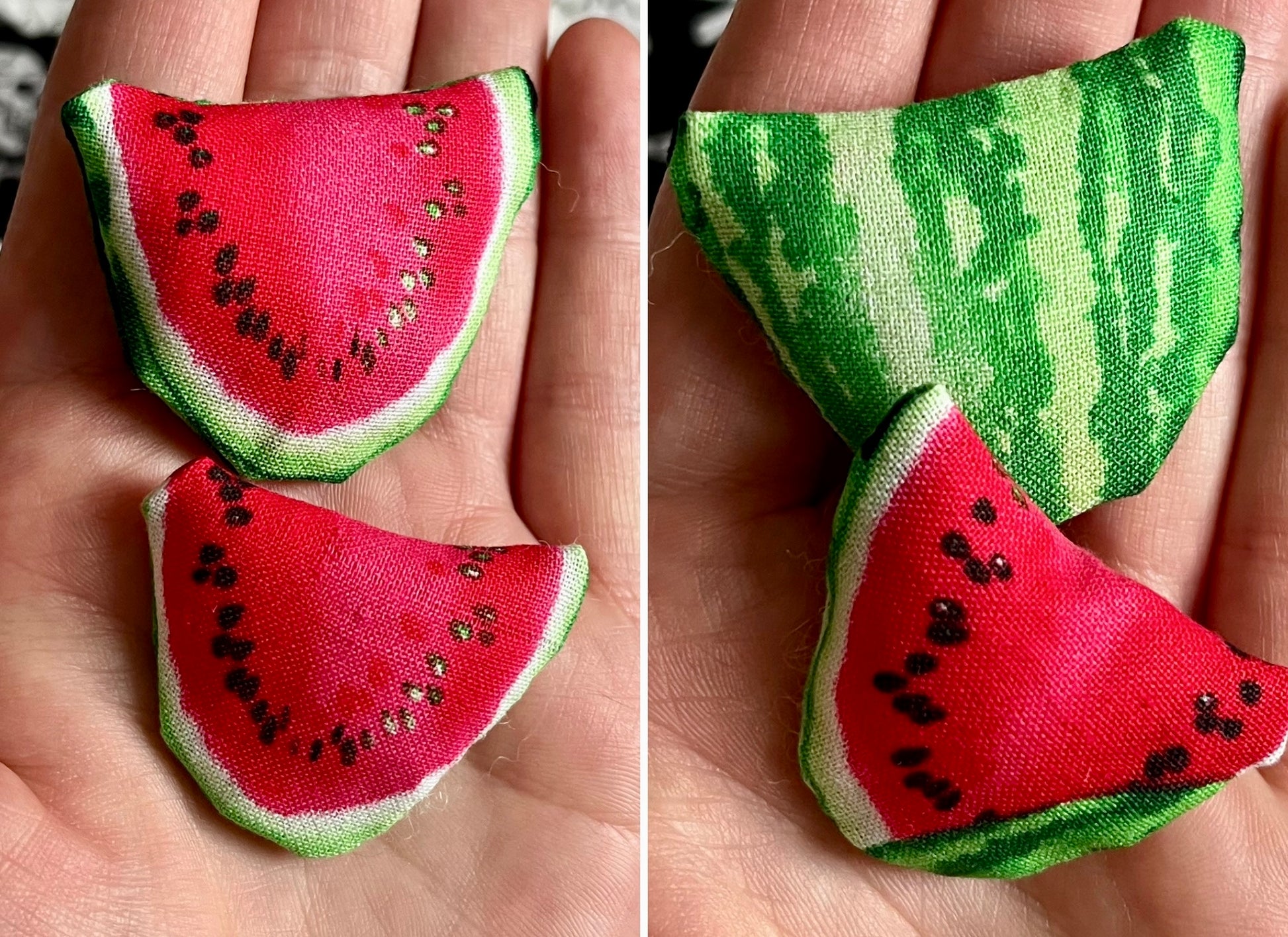 Small fabric watermelon-shaped pillows in various colors held in a hand for scale, showing front and back designs.