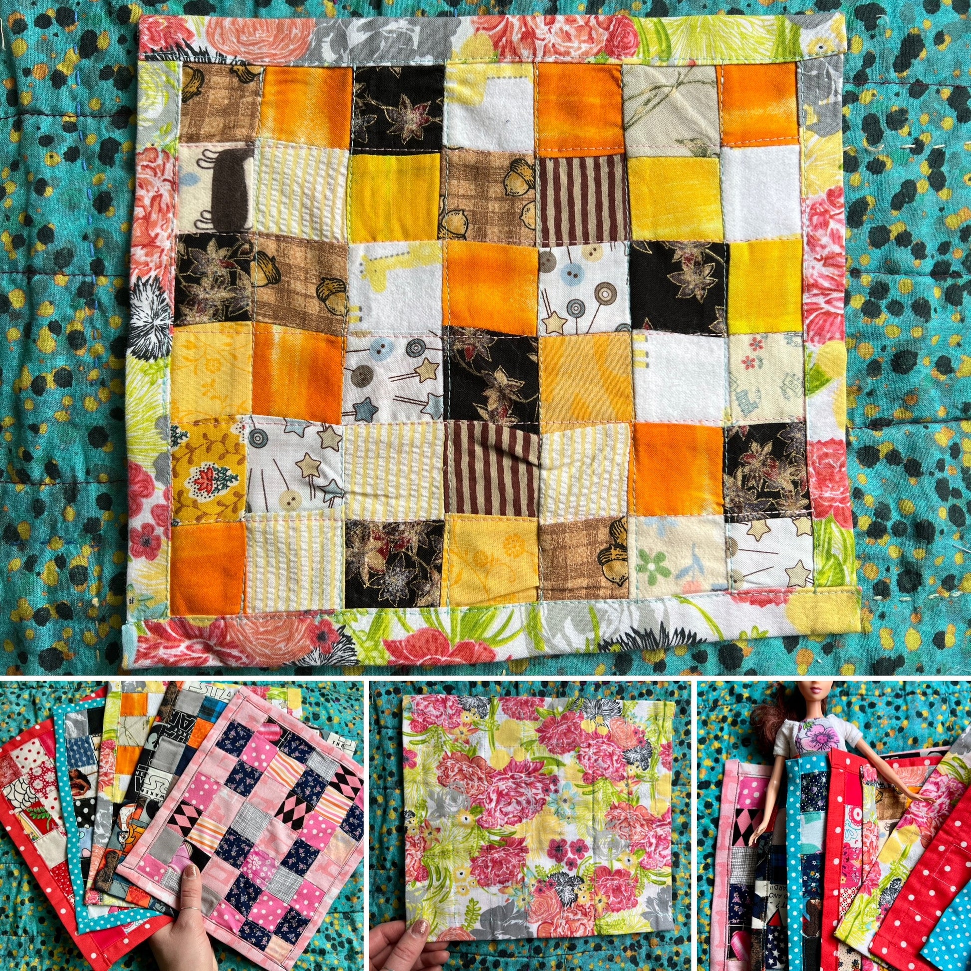 Dollhouse quilt photo grid showing front, back, assorted quilts held in hand for scale, and barbie doll cuddling underneath