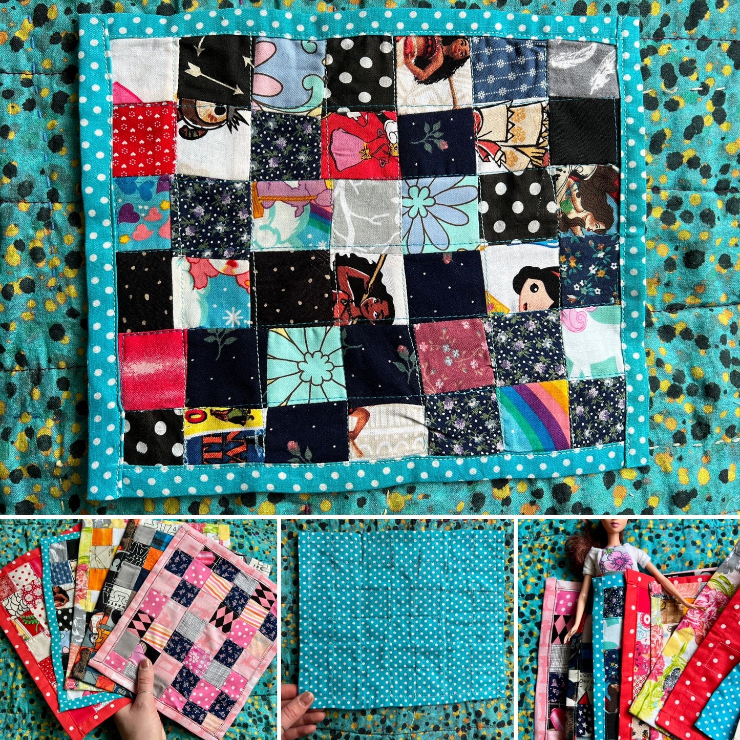 Dollhouse quilt photo grid showing front, back, assorted quilts held in hand for scale, and barbie doll cuddling underneath