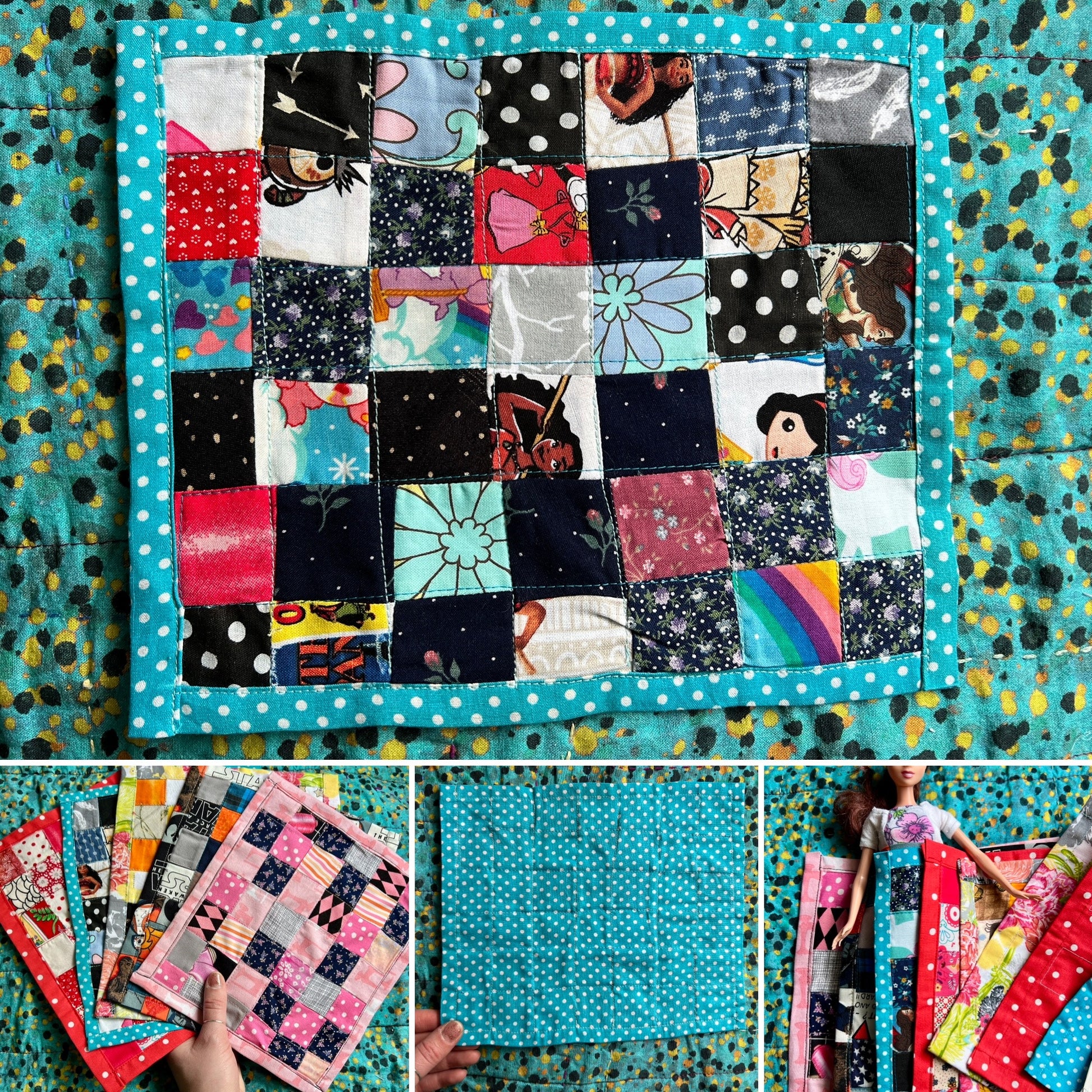 Dollhouse quilt photo grid showing front, back, assorted quilts held in hand for scale, and barbie doll cuddling underneath