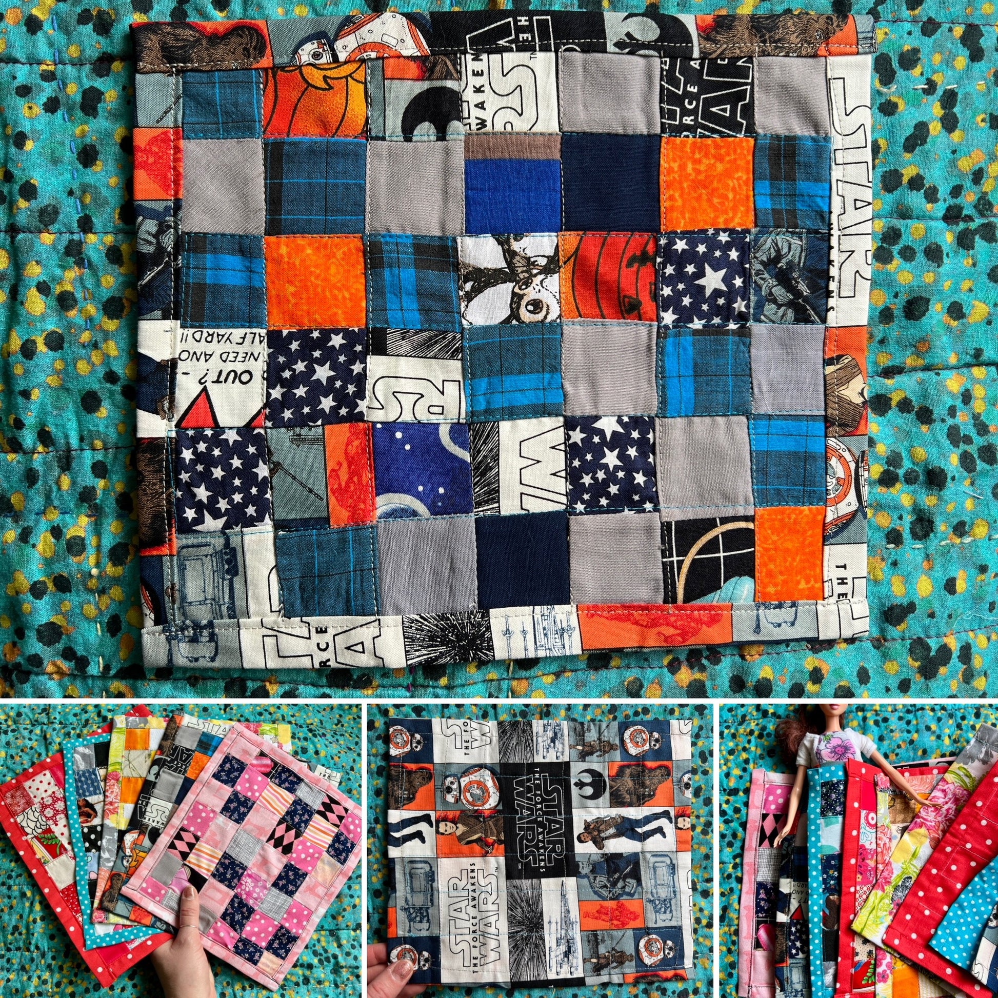 Dollhouse quilt photo grid showing front, back, assorted quilts held in hand for scale, and barbie doll cuddling underneath