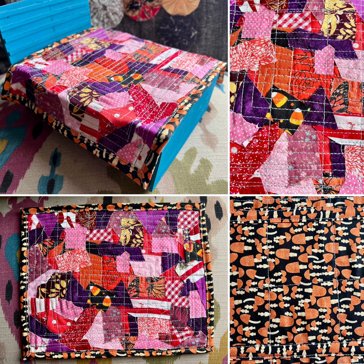 Collage of a colorful patchwork quilt with various patterns and colors.