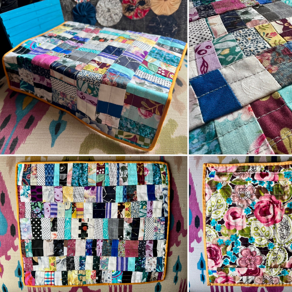 Collage of patchwork quilts with various patterns and colors.