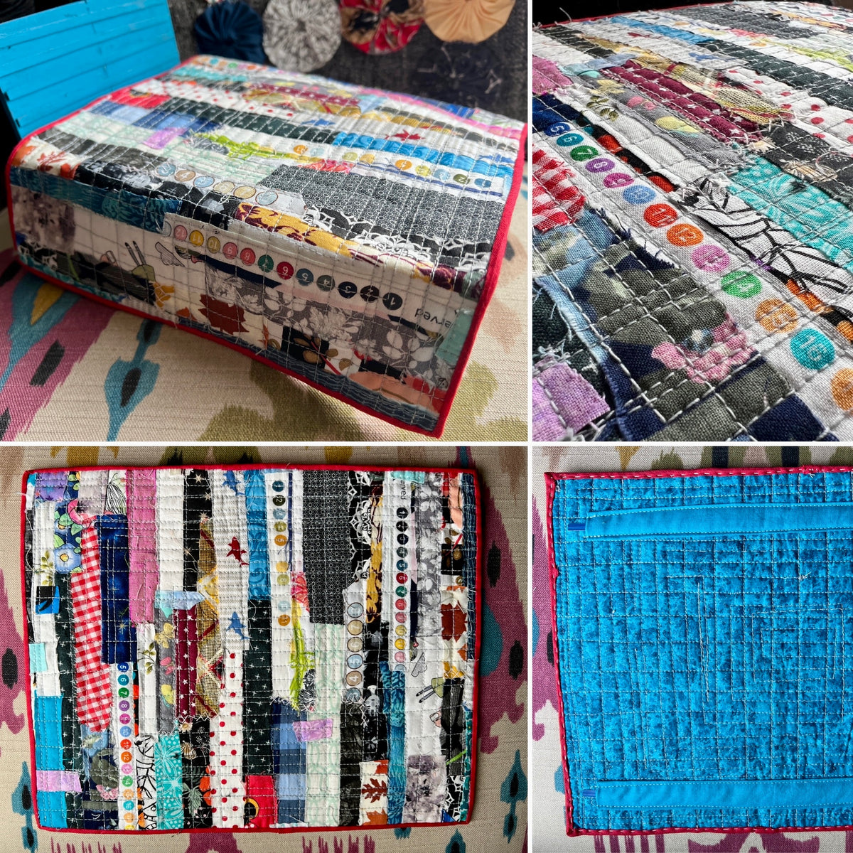 Collage of patchwork quilts with various patterns and colors.