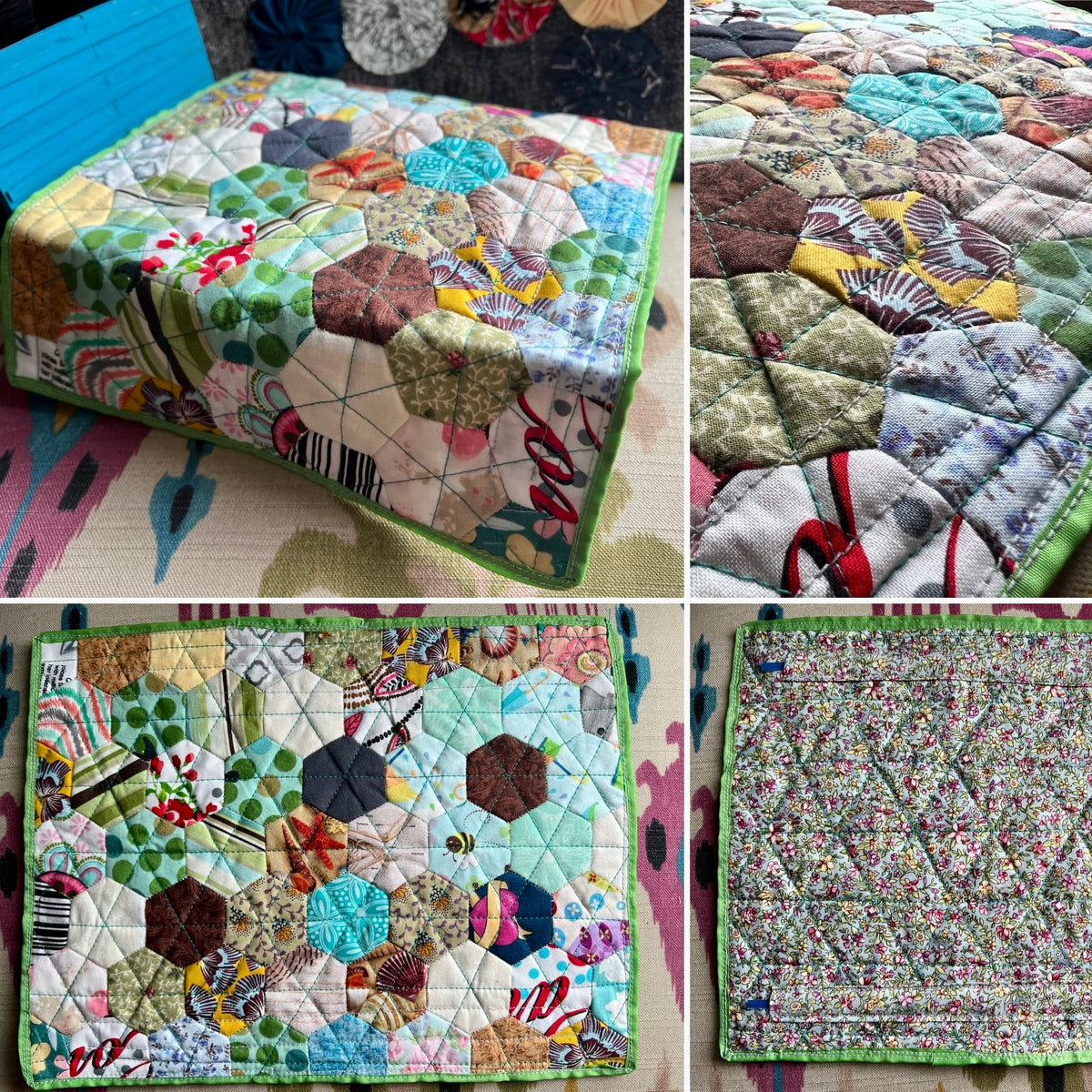 Collage of various quilted items with different patterns and colors.