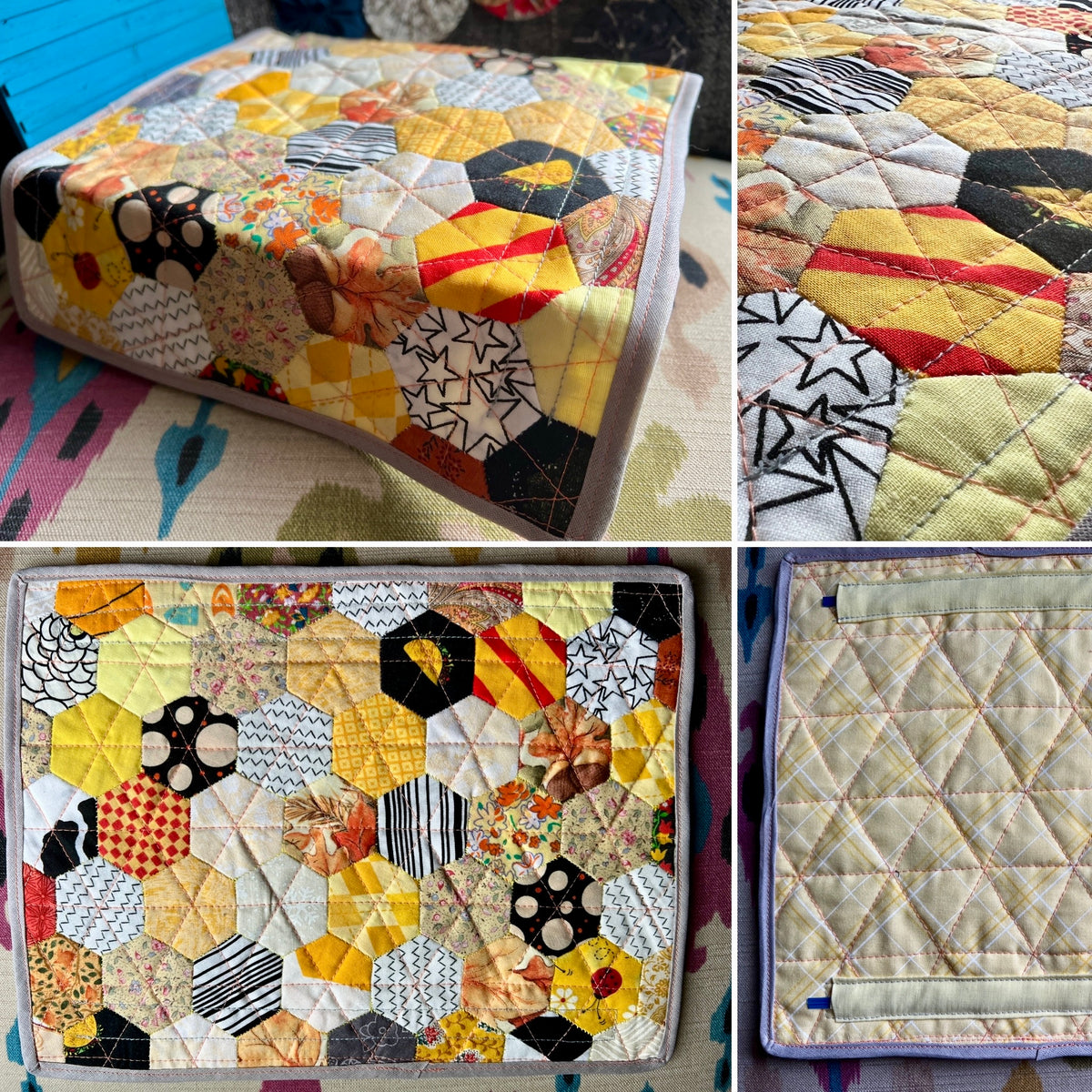 Collage of a patchwork quilt with various patterns and colors.