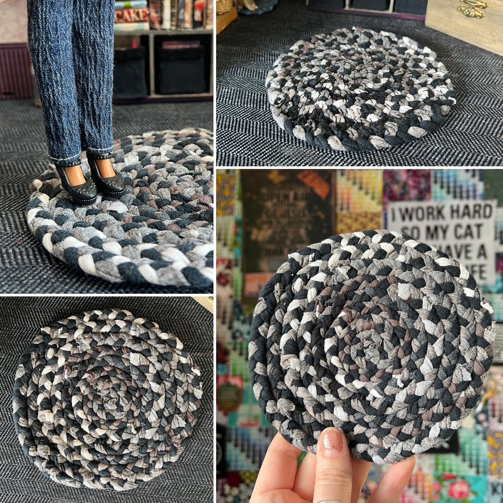 Collage of photos of a braided miniature rug in various settings