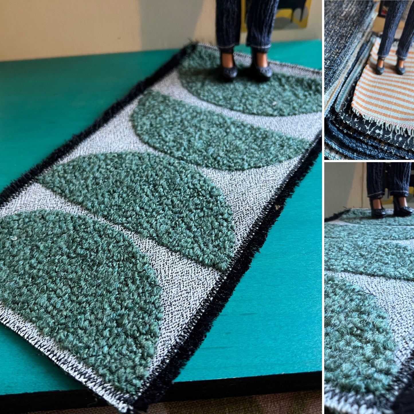 Green and white patterned rug on a teal surface with a doll standing on it for scale