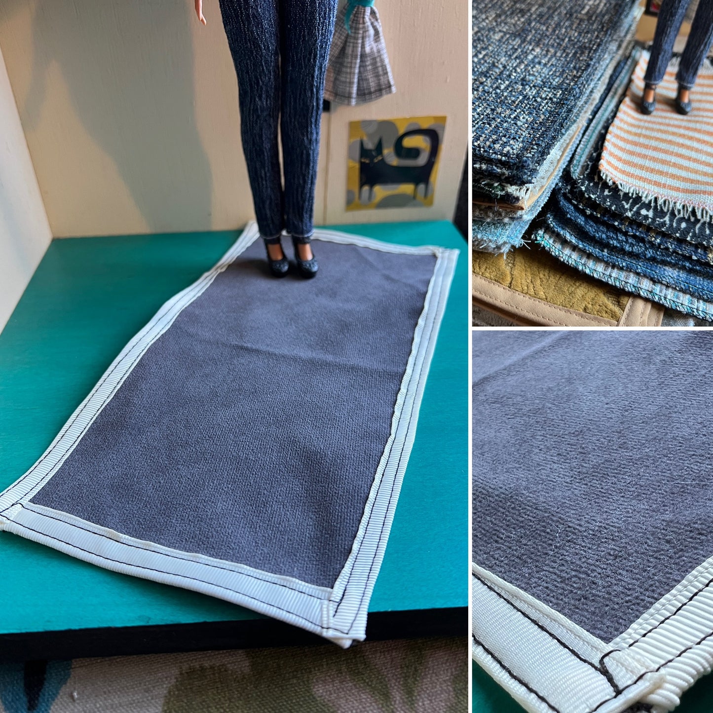 Collage of a grey textured rug on a green surface with additional views of the rug.