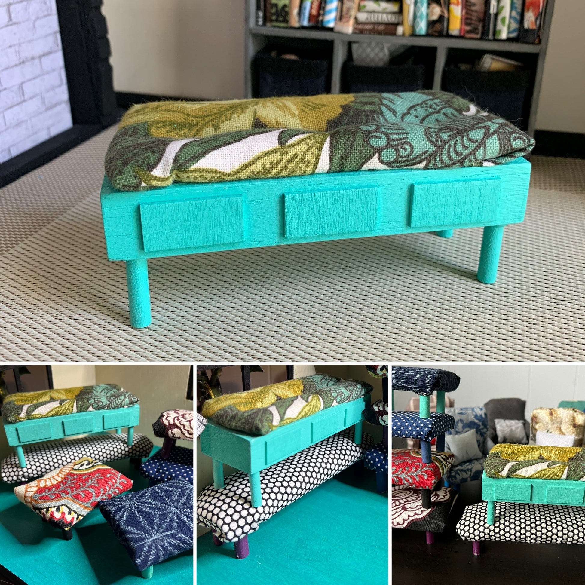Dollhouse storage bench, photo grid showing group, aerial, and held in hand for scale