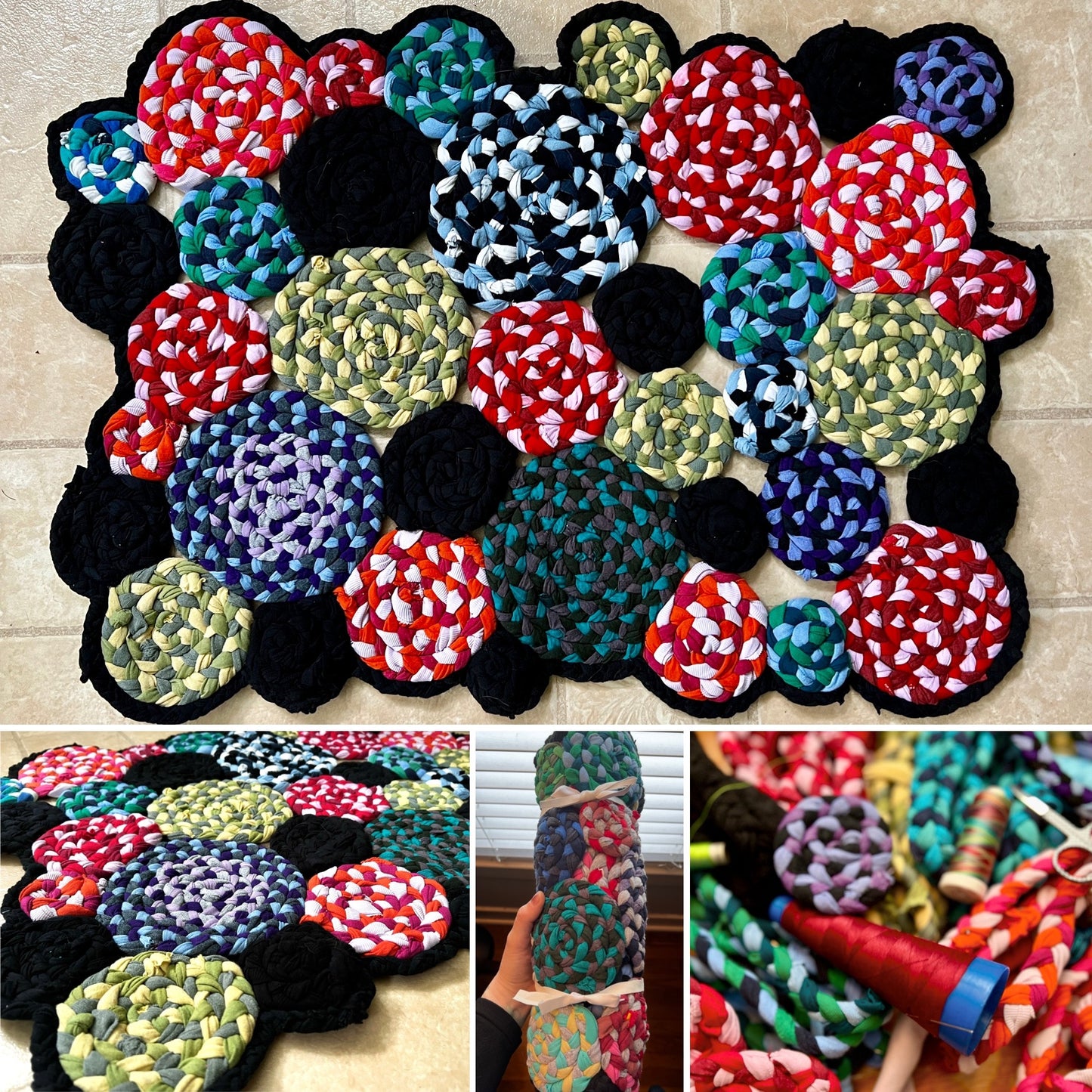 A colorful braided rug, with various circles of different colors. Photo grid showing front, side view, rolled, and work in progress. 