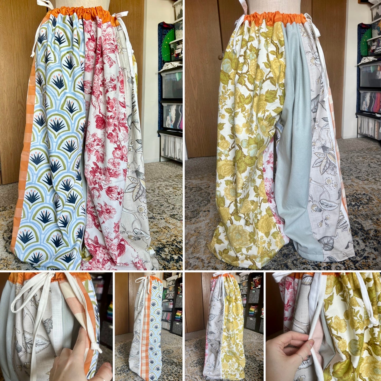 Collage of floral patterned pants on a mannequin and held by a hand showing side pockets