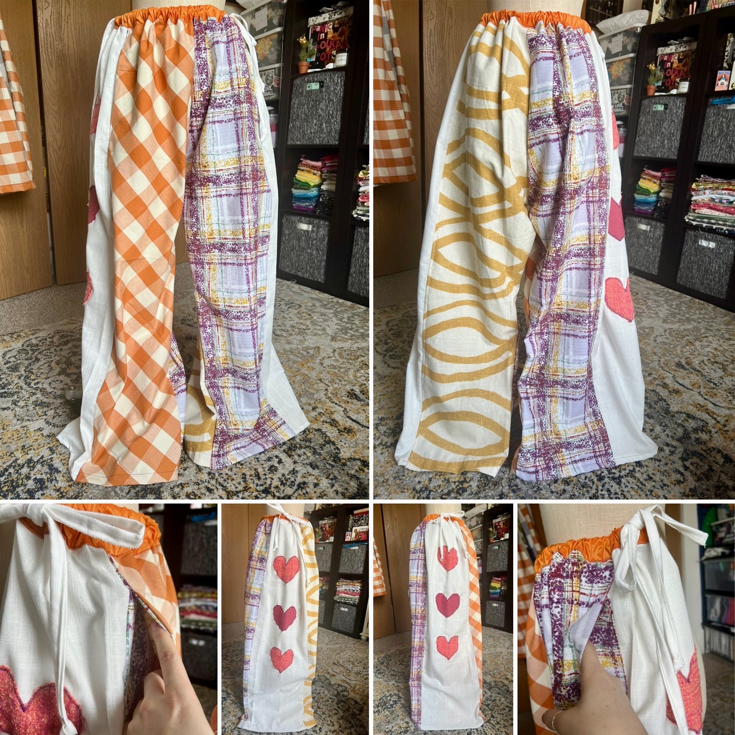 Collage of photos of different views of unique pants with different patterns and colors.