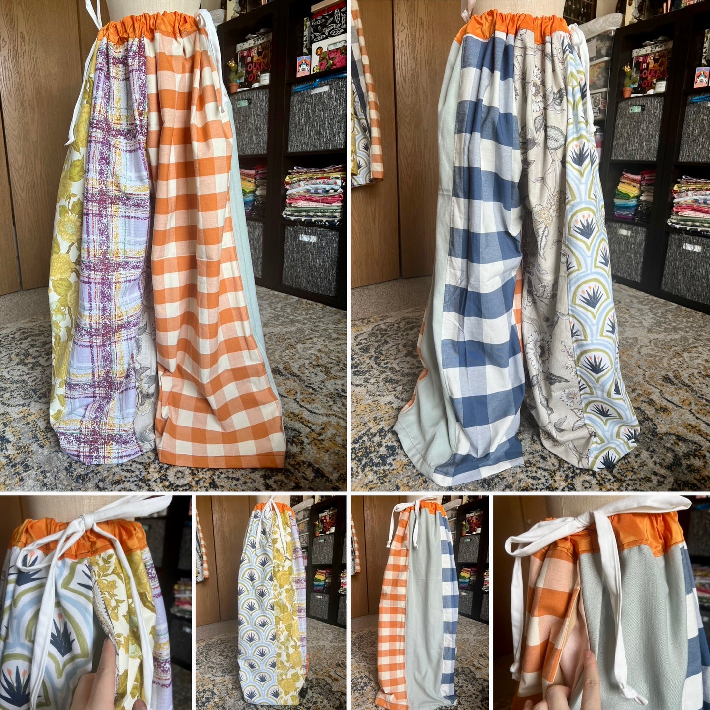 Collage of fabric pieces in various patterns and colors on a fabric store background.