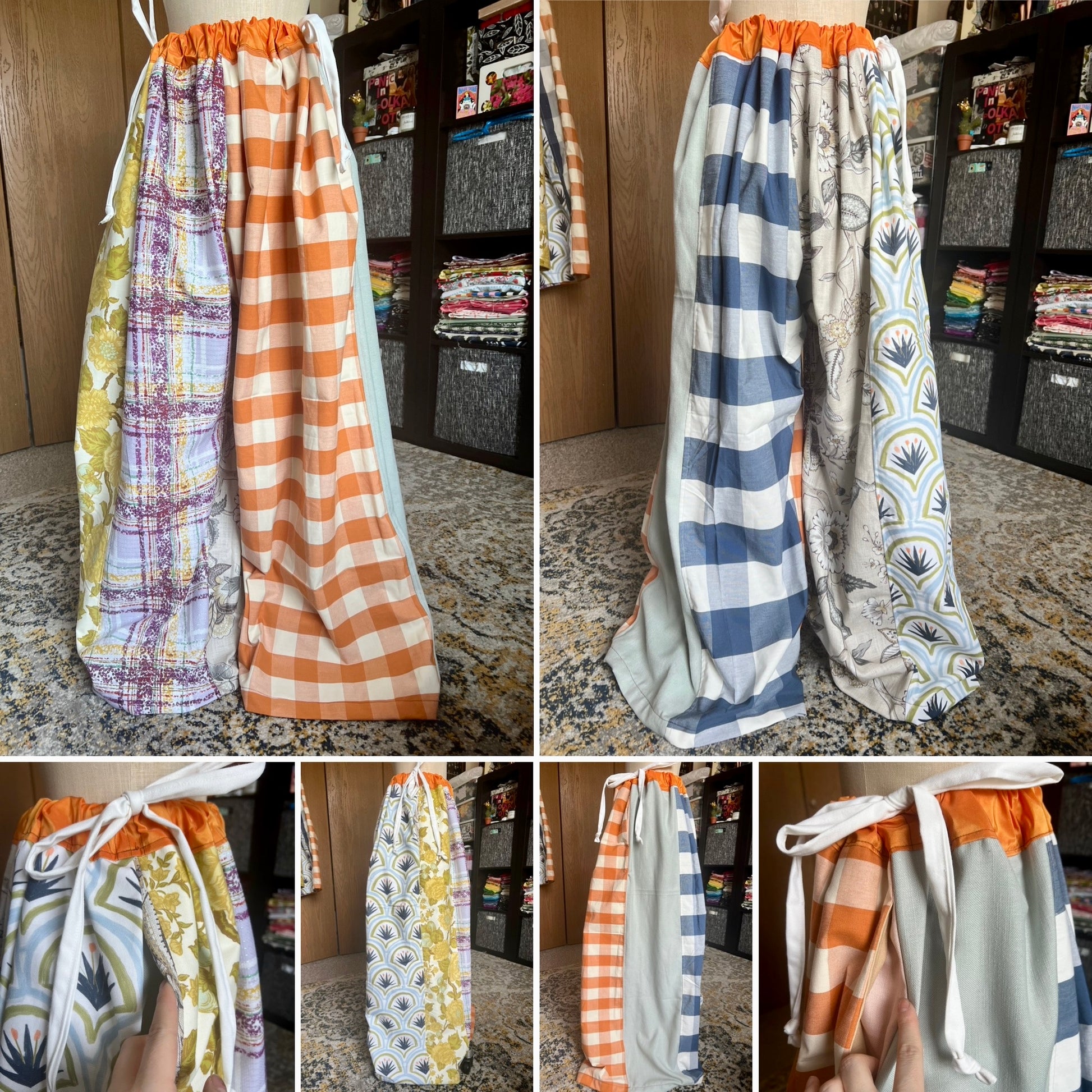 Collage of fabric pieces in various patterns and colors on a fabric store background.