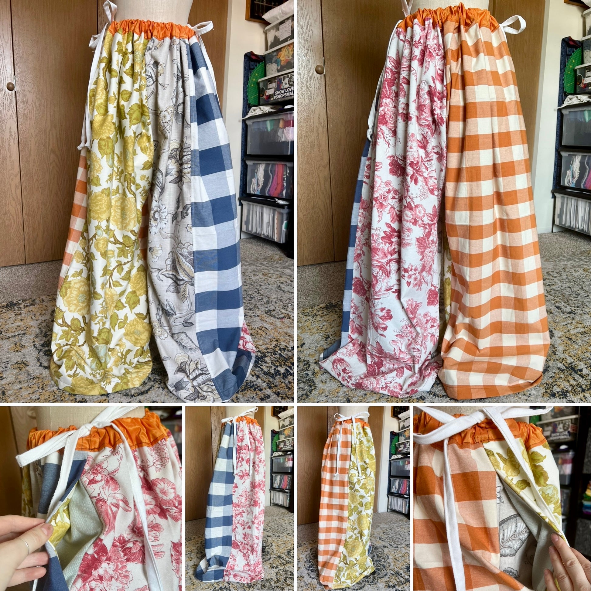 Collage of various patterned pants on a mannequin and held by a hand to ahow sidepockets