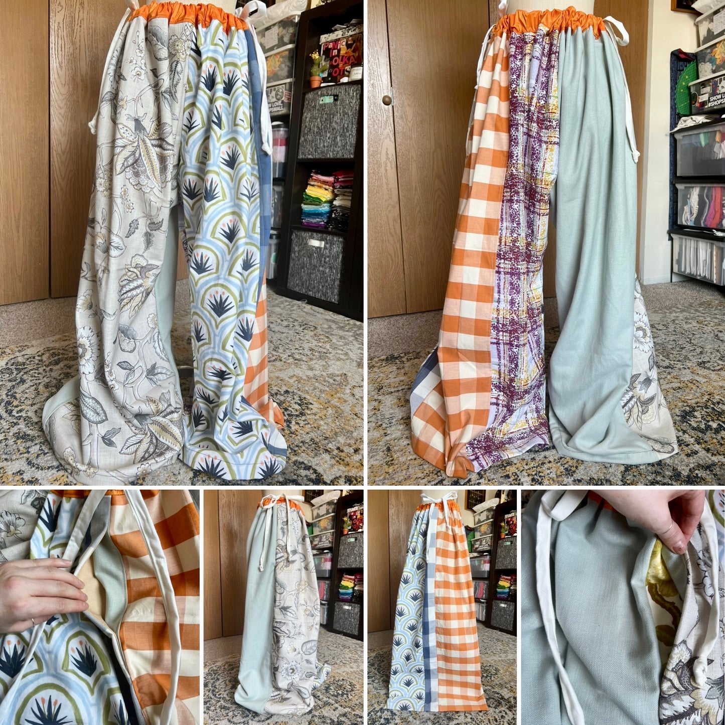 Collage of fabric pieces with different patterns and colors, including a hand holding one of the fabrics.