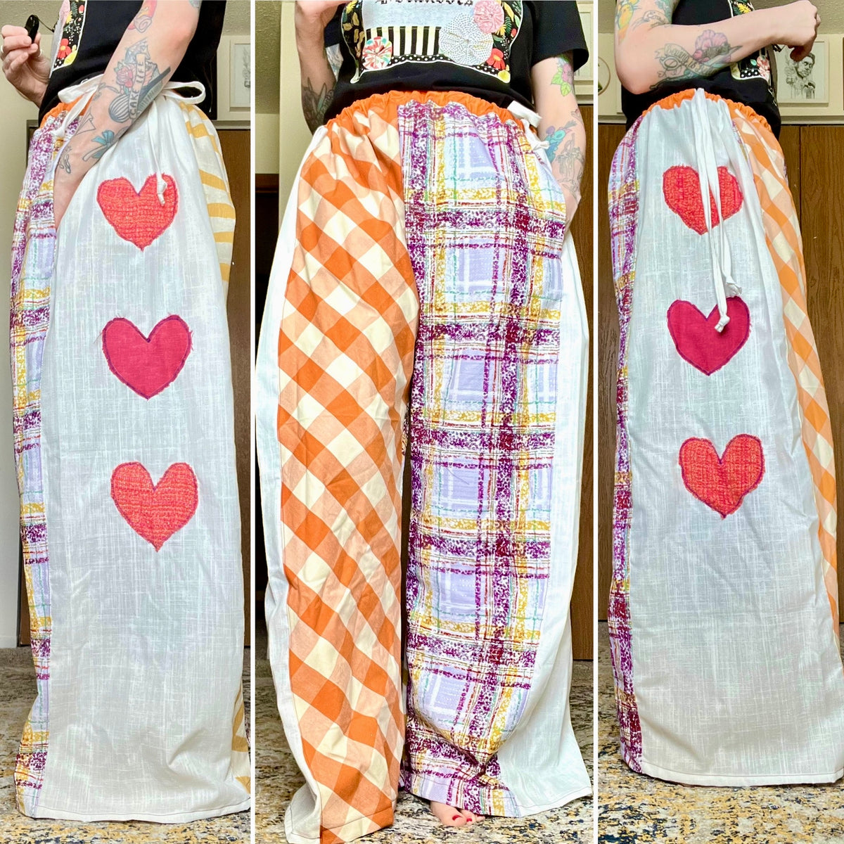 Three different angles of a pair of beautiful fabric pants with hearts and plaid design.