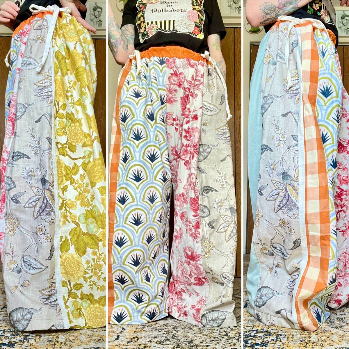 Drawstring pants collage Three views of the same pant.