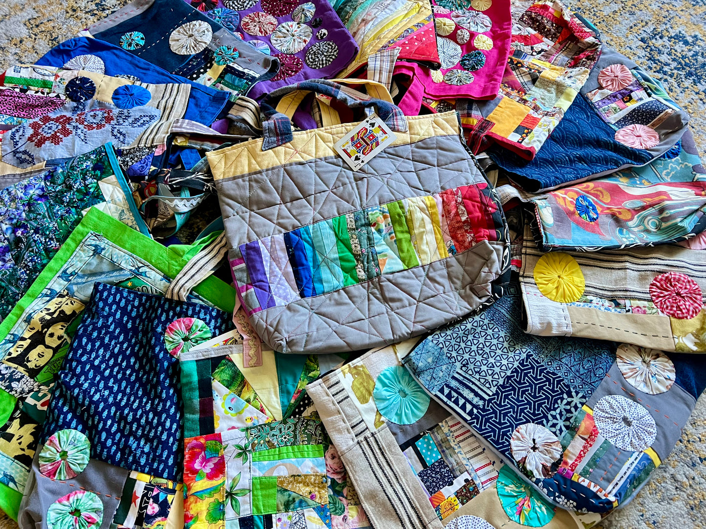 Perfectly Imperfect Tote Bags - Large Quilted - Bright Yoyos - Denim or Khaki Patchwork