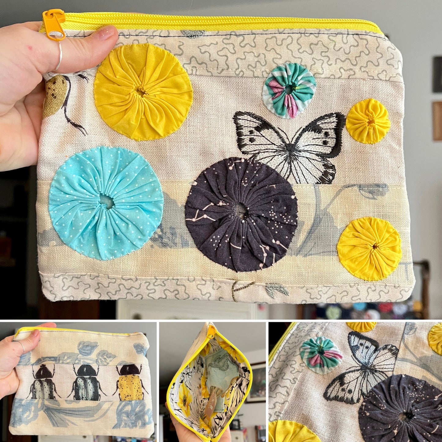 Designer Fabric Zipper Pouch - Sashiko Stitch and Scrappy Yoyos
