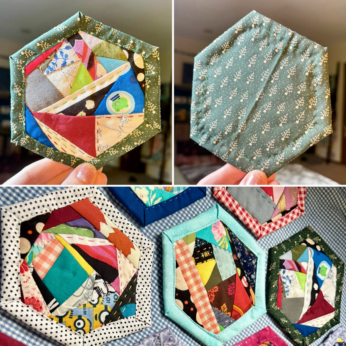 Quilted Coaster - Washable and Reusable - Squares or Hexagons -  Set of One