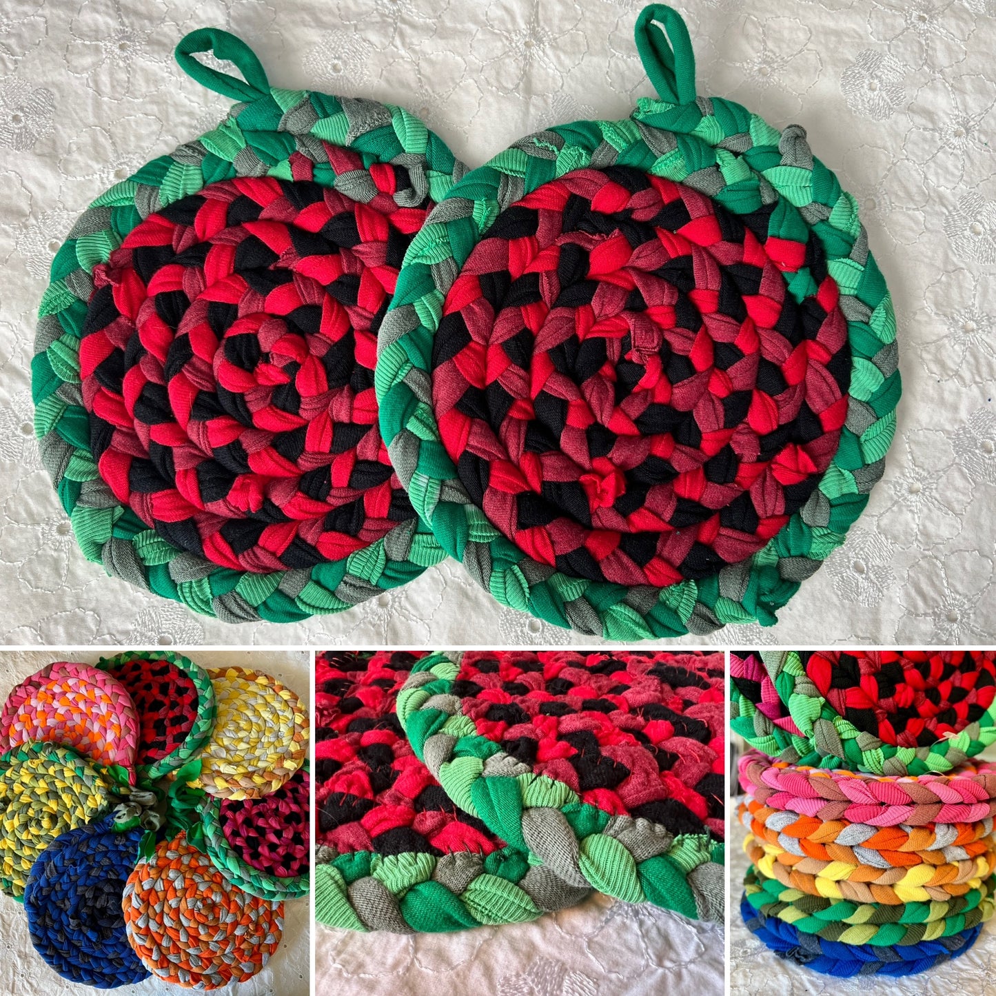 Fruity Rainbow Trivet Potholders - Handbraided & Handsewn - Set of Two