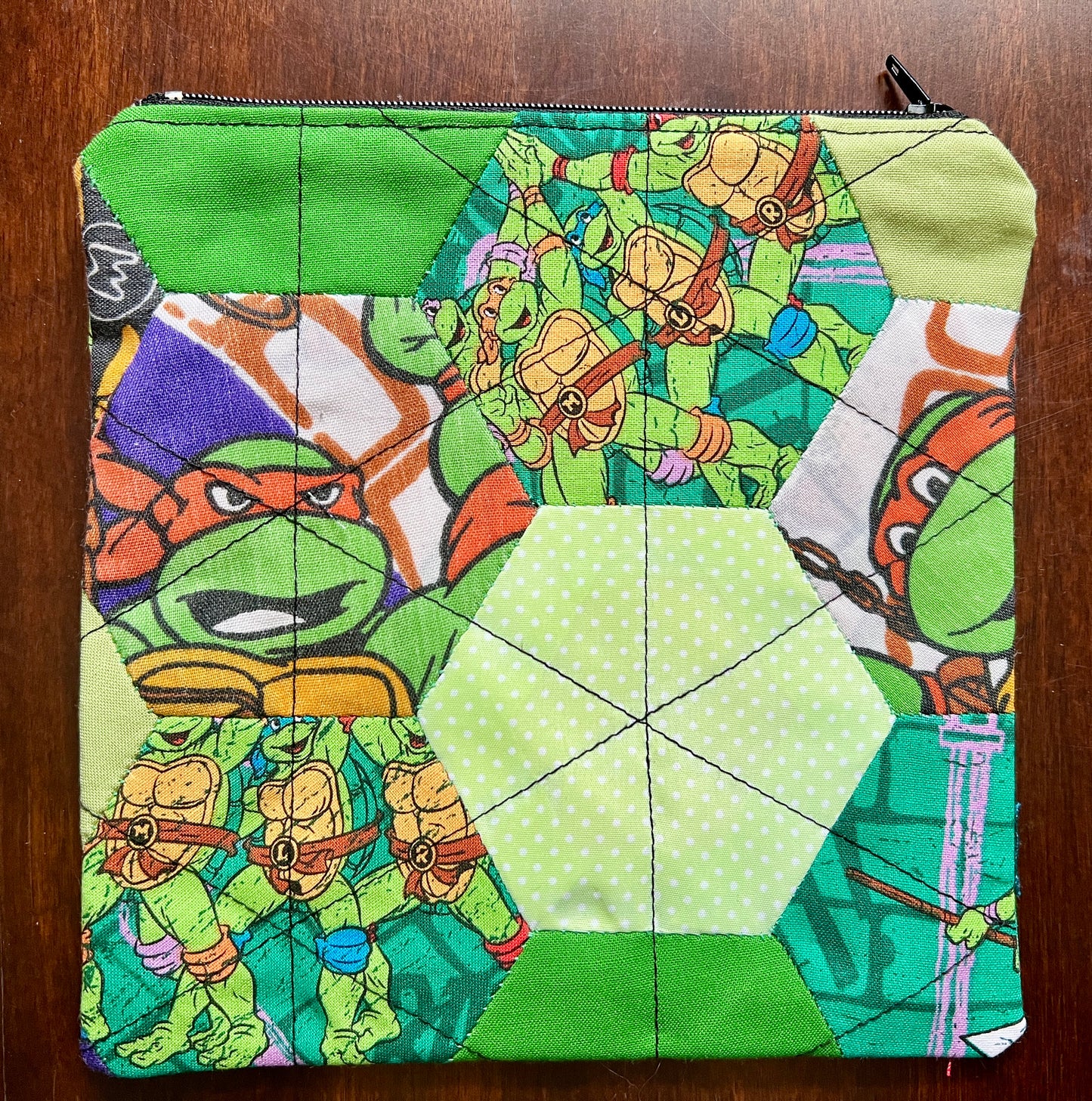 Hexie Pouch - Handsewn Fabric Zipper Pouch - Upcycled Reusable Bag Zip Pouch
