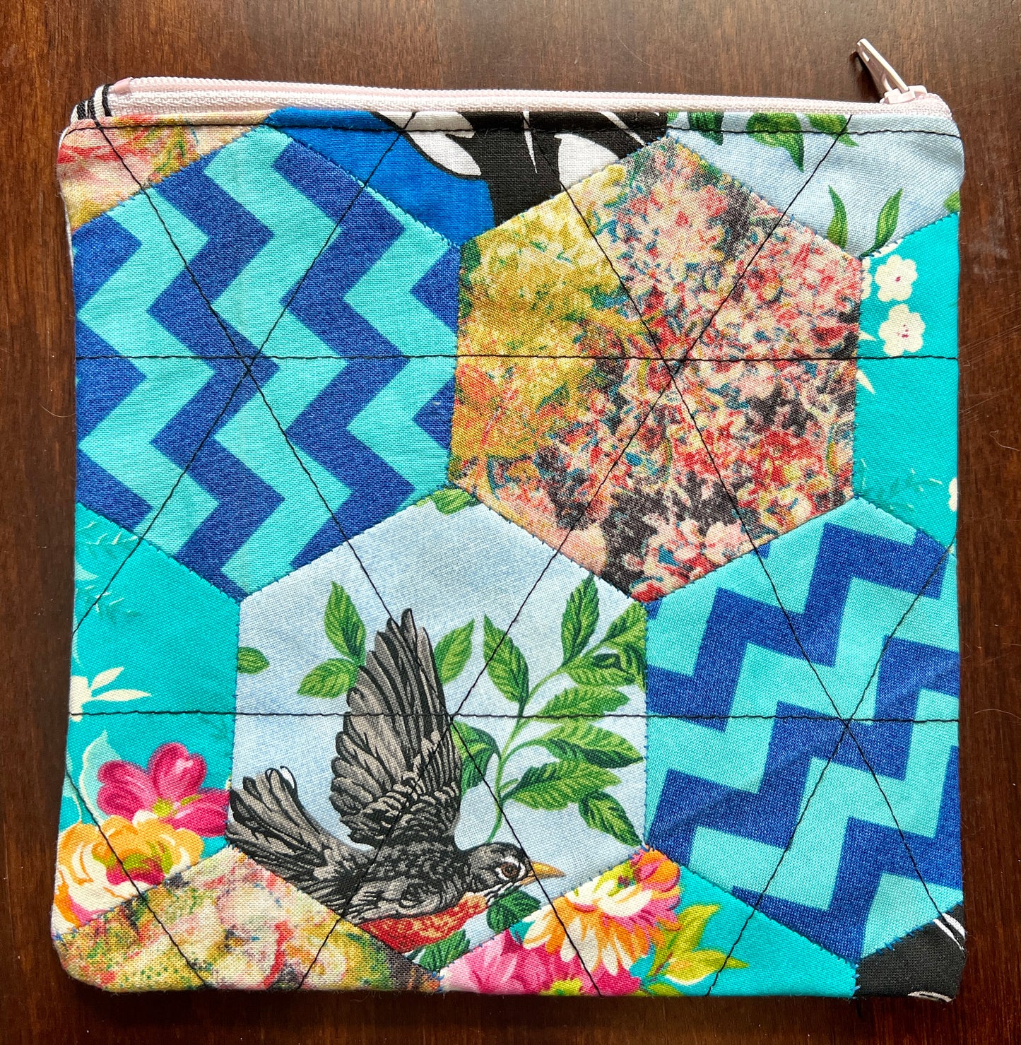 Hexie Pouch - Handsewn Fabric Zipper Pouch - Upcycled Reusable Bag Zip Pouch