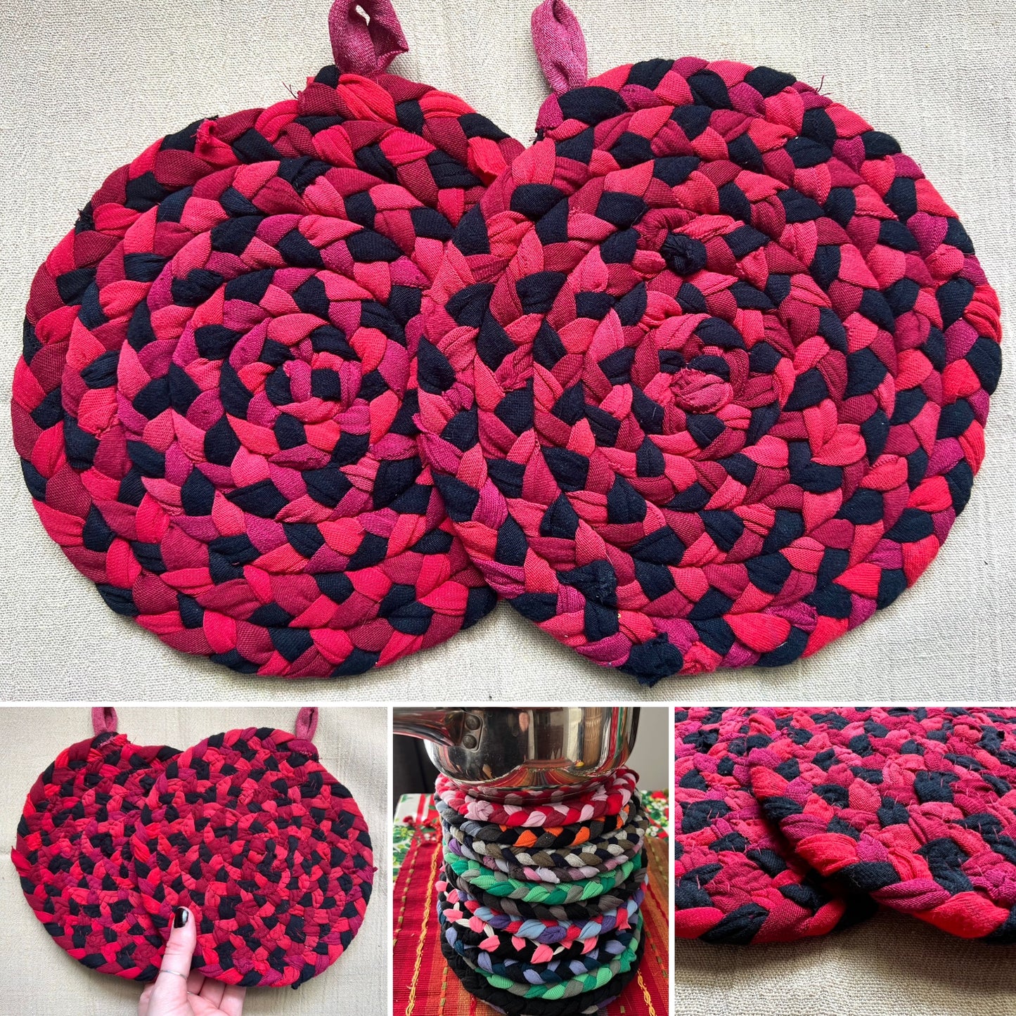 Trivet Potholders - Warm Colors Collection - Handbraided & Handsewn - Set of Two