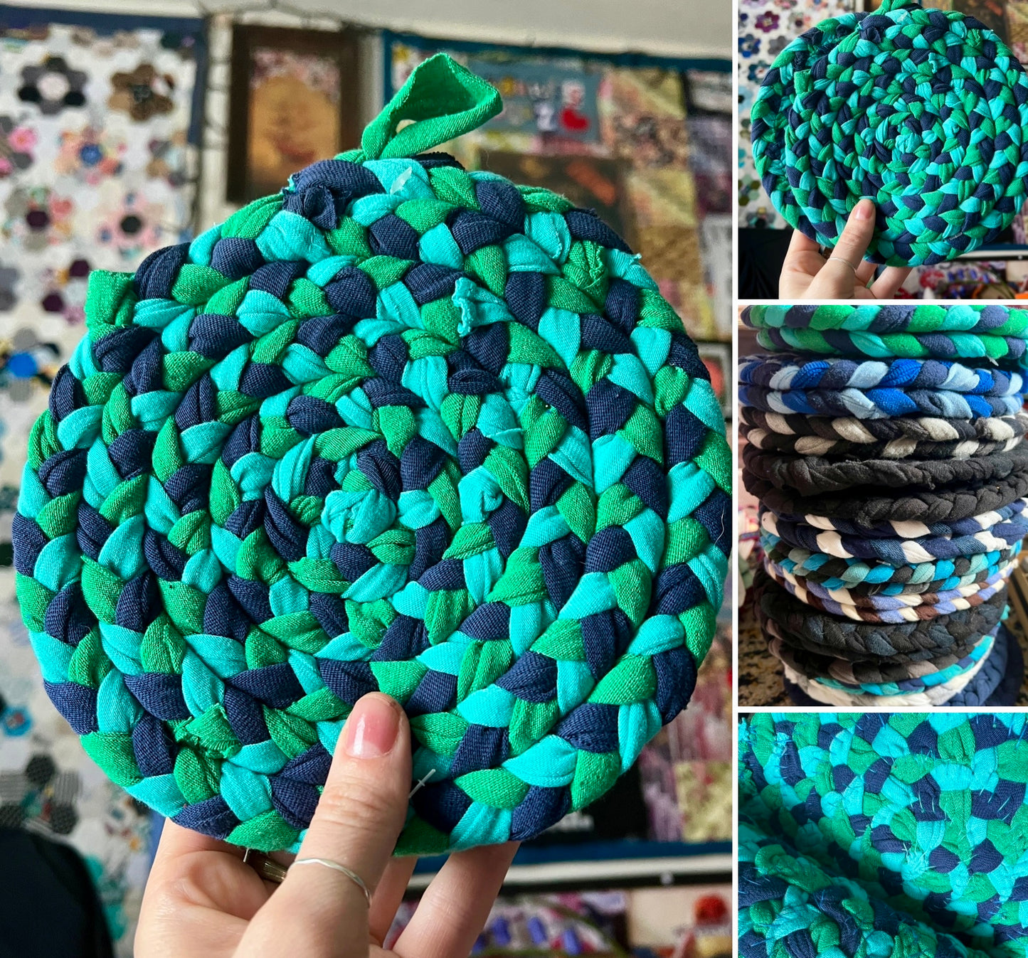 Trivet Potholders - Cool Colors Collection - Handbraided & Handsewn - Set of Two