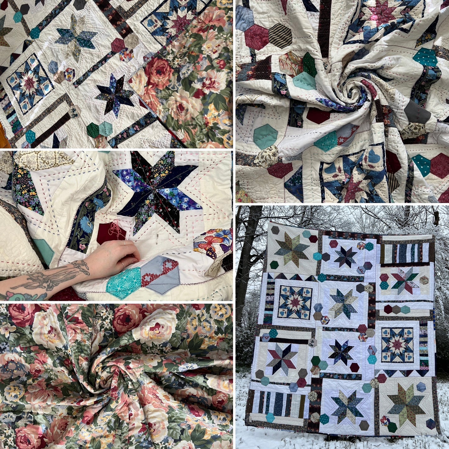 Eight point star quilt, with hexie shapes, and fabrics with different patterns and designs.