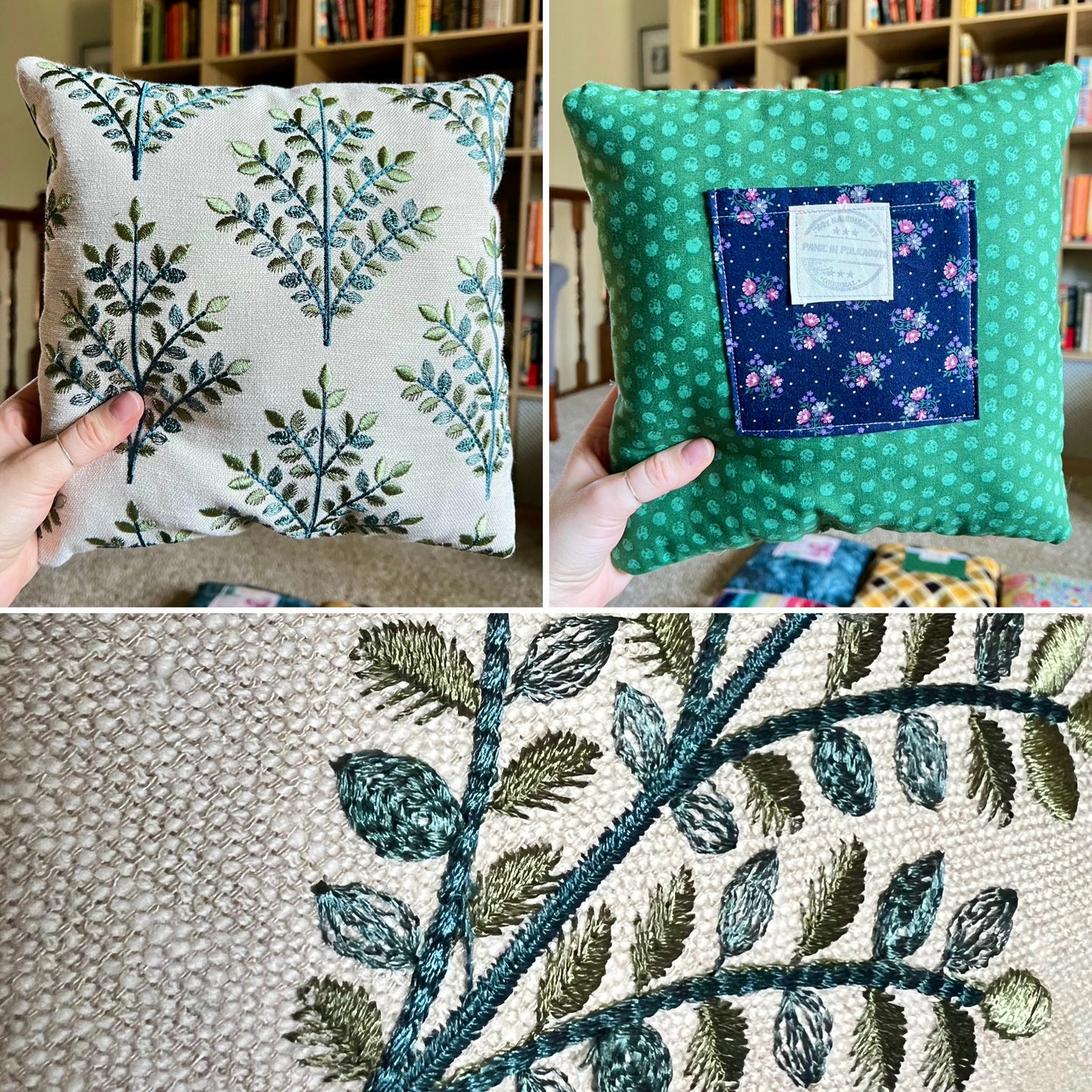 A three-panel collage showing a decorative throw pillow from multiple angles. The top-left panel shows the pillow held in front of a bookshelf, featuring a cream background with a green and blue botanical leaf pattern.