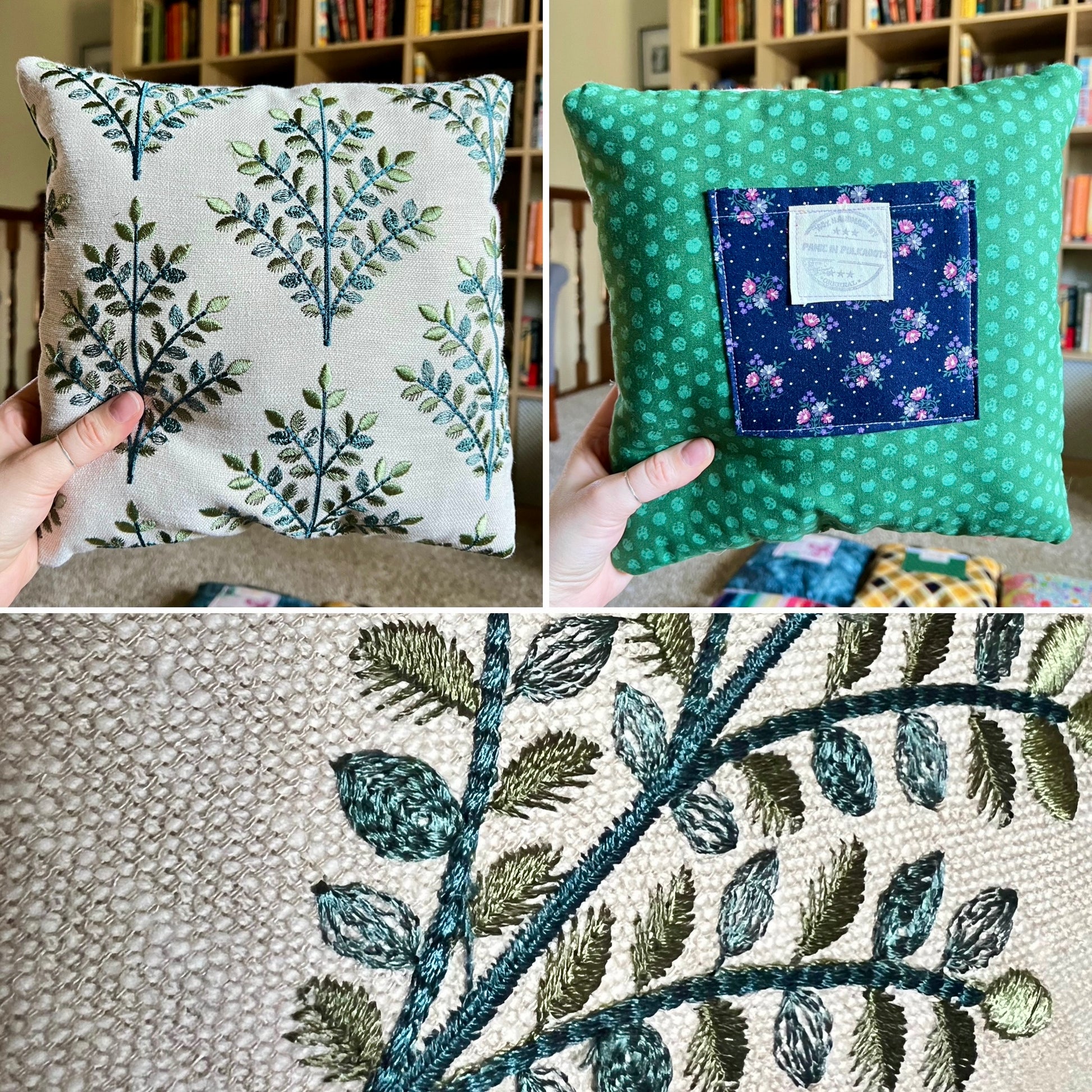 A three-panel collage showing a decorative throw pillow from multiple angles. The top-left panel shows the pillow held in front of a bookshelf, featuring a cream background with a green and blue botanical leaf pattern.