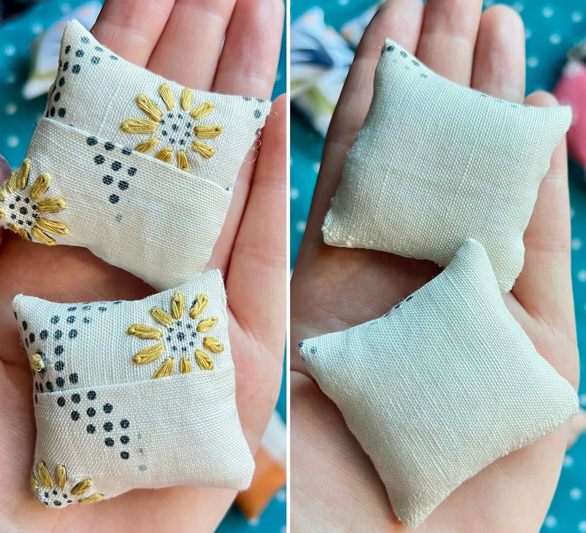 Small fabric pillows with embroidered designs held in hands against a blue polka dot background.