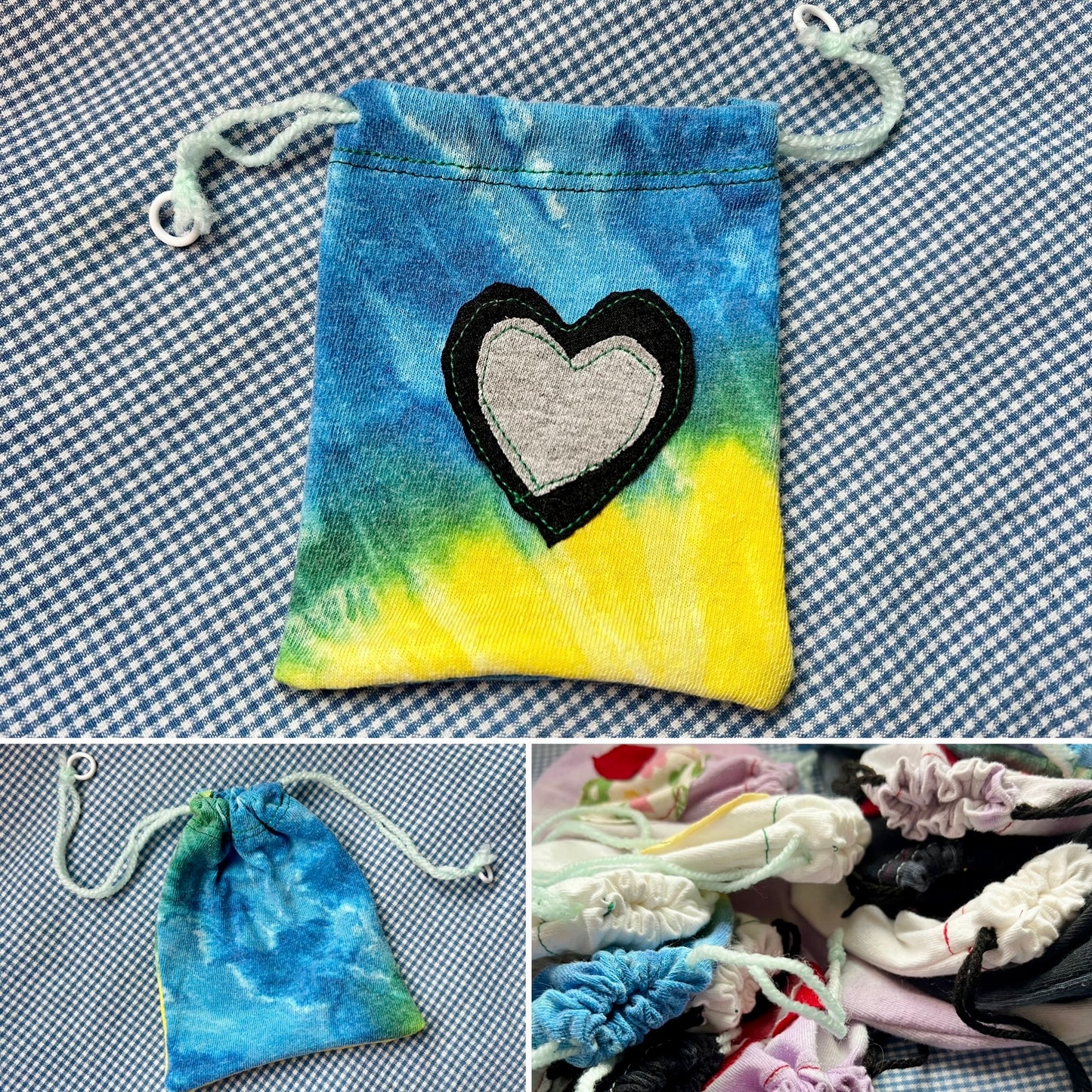 Small Drawstring Bag - Created From Upcycled Materials - Tshirt with Appliqué