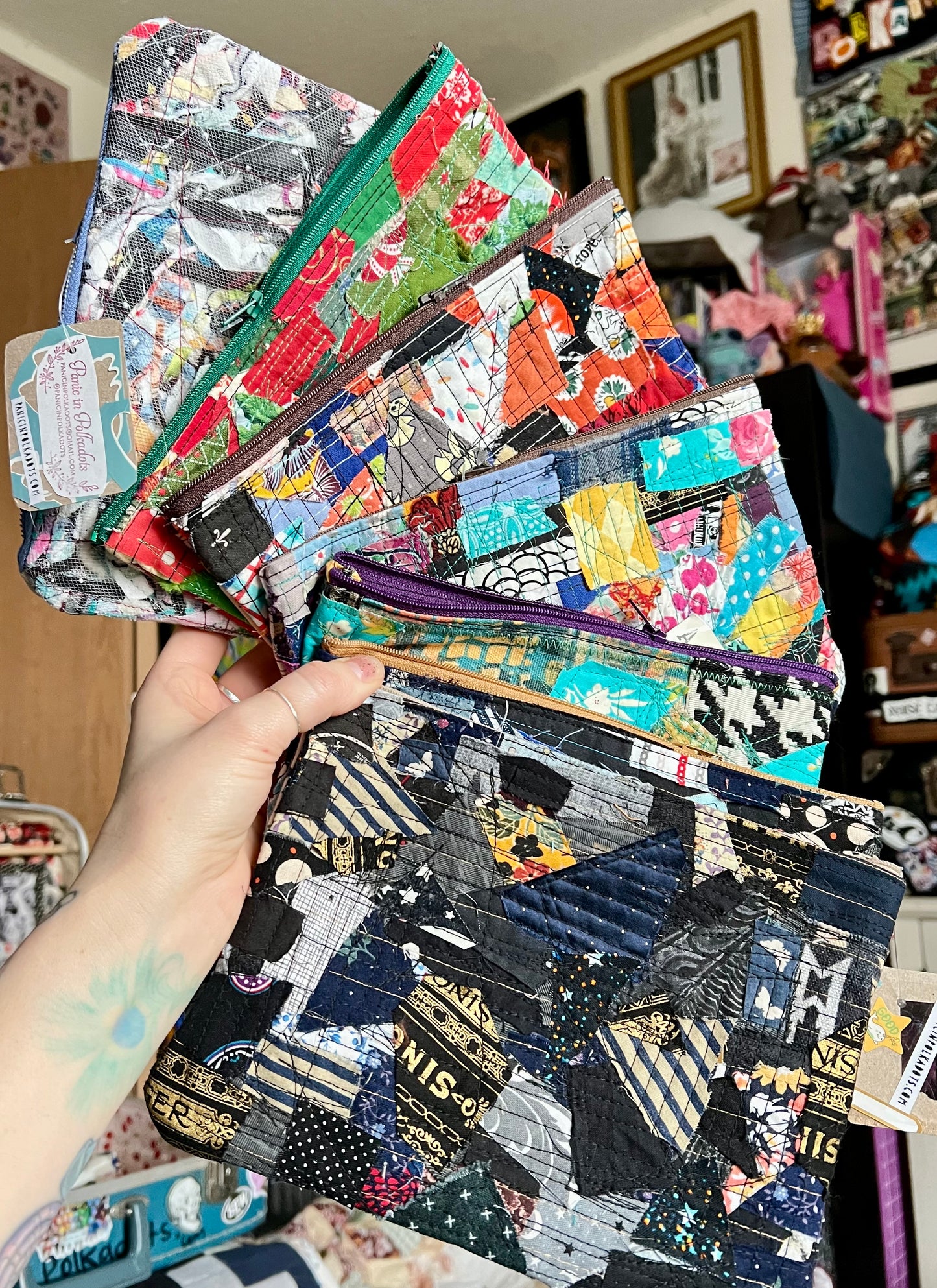 Designer Fabric Zipper Pouch - Sashiko Stitch and Scrappy Yoyos
