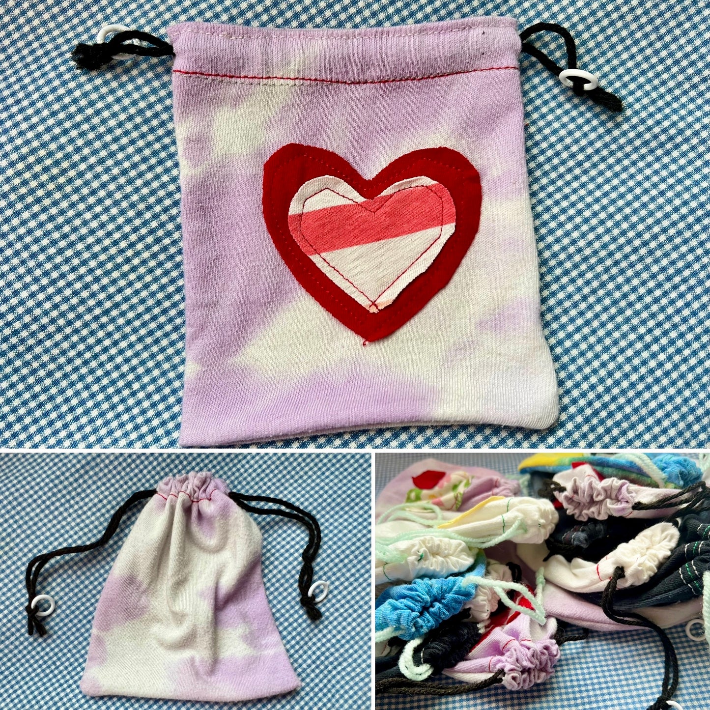 Small Drawstring Bag - Created From Upcycled Materials - Tshirt with Appliqué