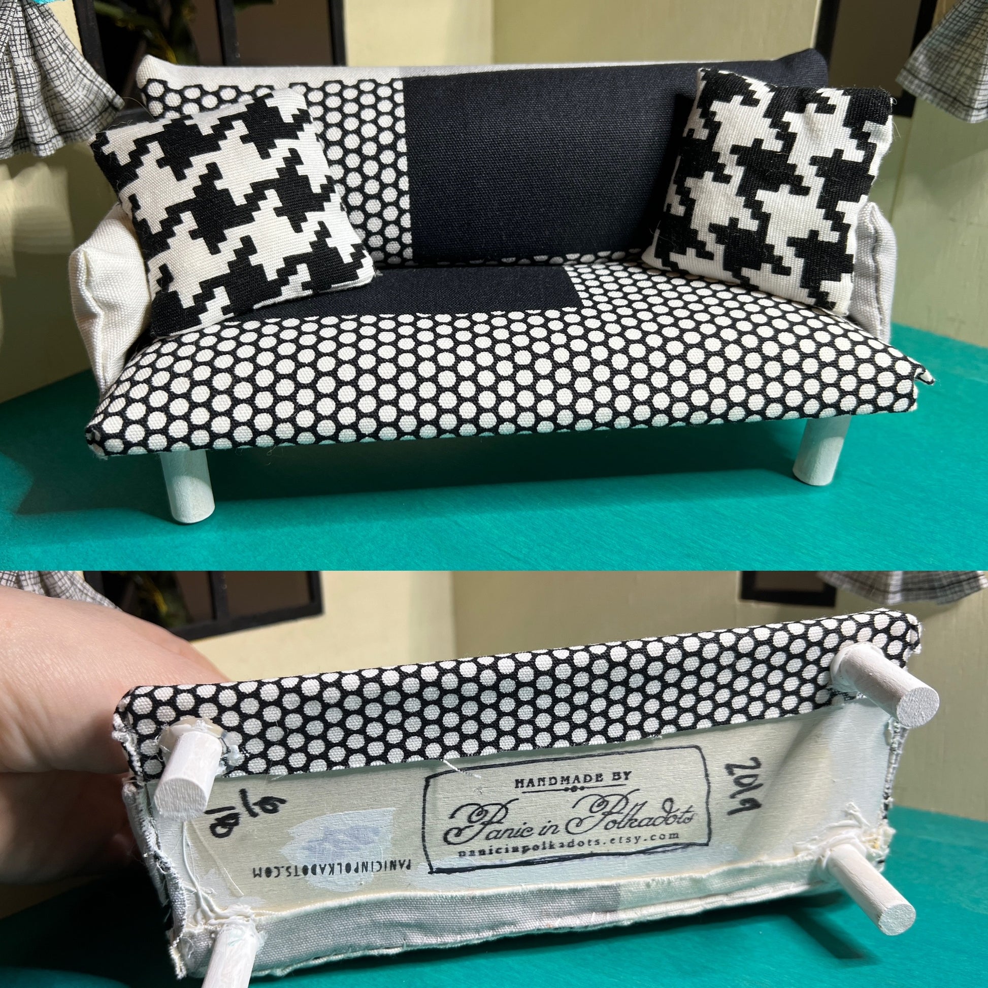 a miniature dollhouse couch, top picture is front view, bottom picture shows underside of couch with item number, year created, and "Panic in Polkadots" stamp on underside