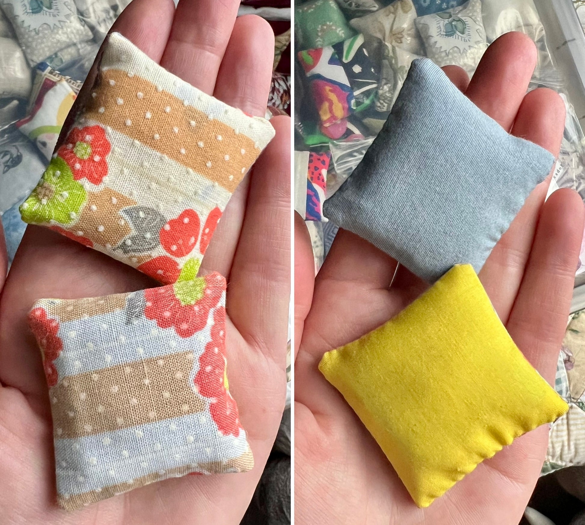 Two small fabric pillows in different colors held in a hand, with a colorful fabric background.