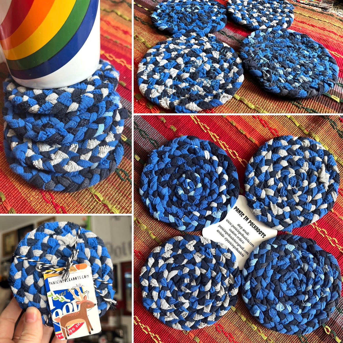 Collage of blue and white braided coasters on a textured surface with a tag.