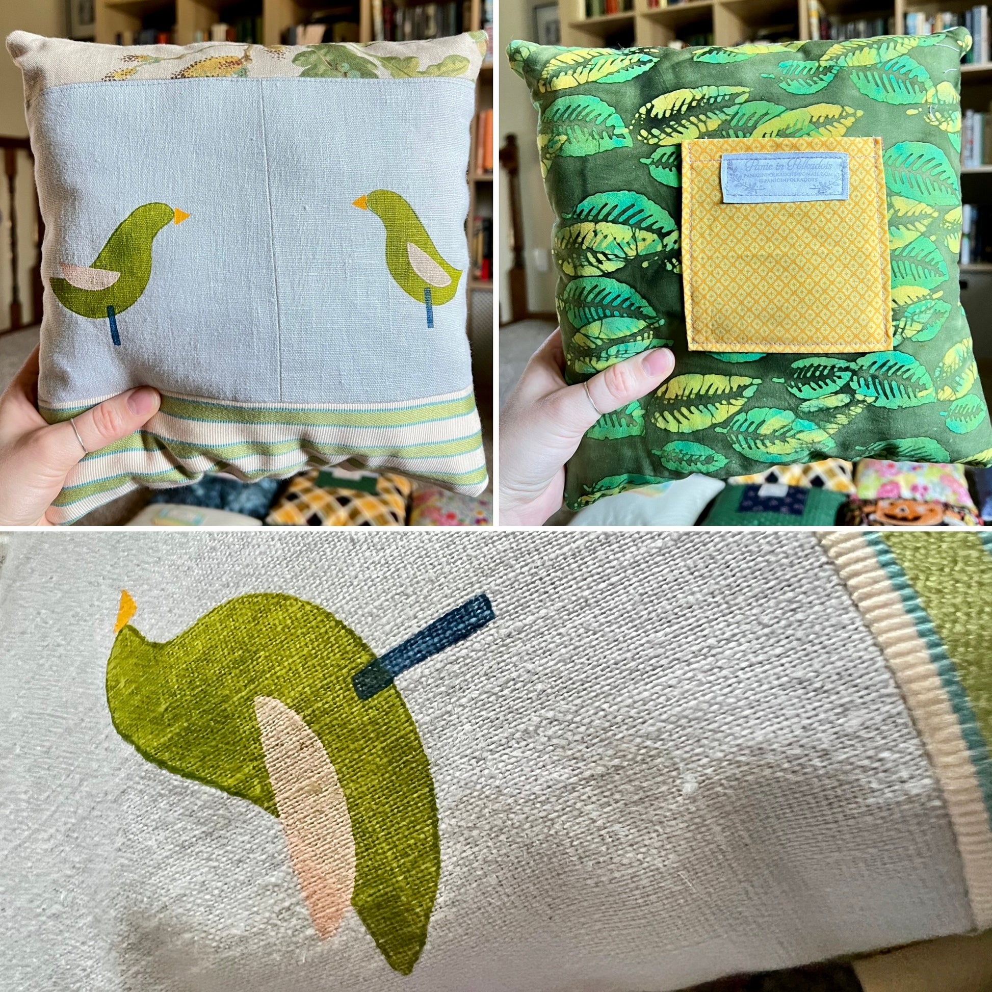 A three-panel collage showing a handmade square throw pillow. The top-left panel shows the front with two green bird appliqués on a light gray linen background and a striped fabric band at the bottom.