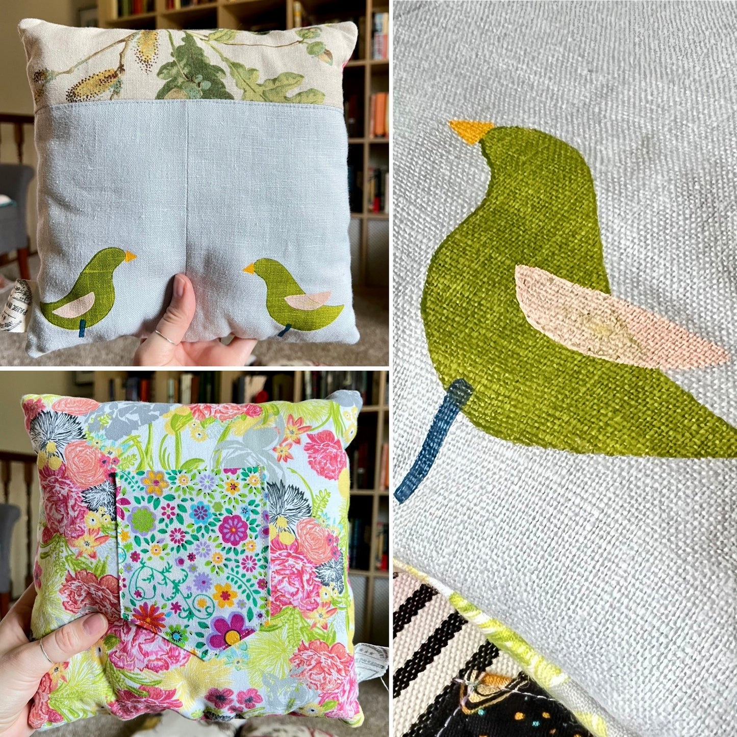 A collage showing a cute handmade fabric pillow. Front of pillow has a light blue front with two green bird appliqués and back has a floral print and floral pocket.