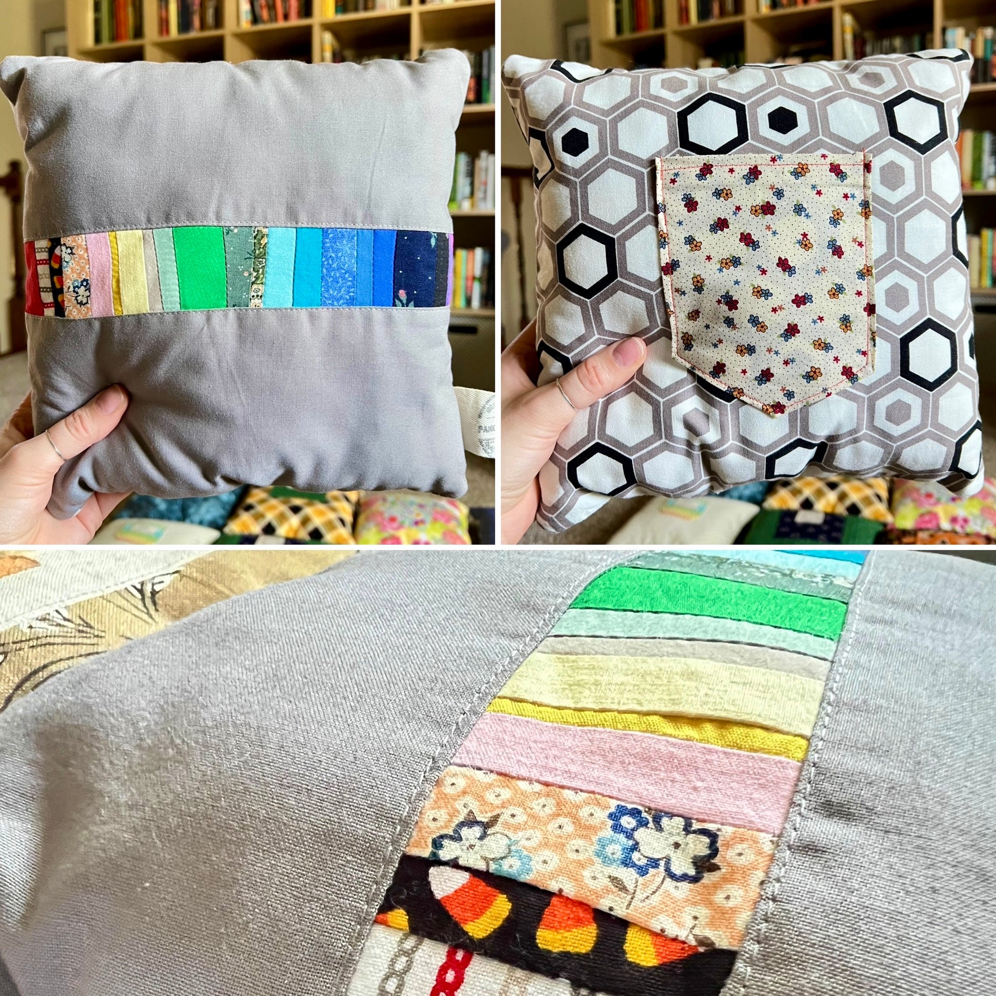 A collage showing a handmade decorative throw pillow from multiple angles. The pillow features a gray linen-like fabric body with a colorful patchwork fabric strip running horizontally across the front and a matching floral pocket on the right side.
